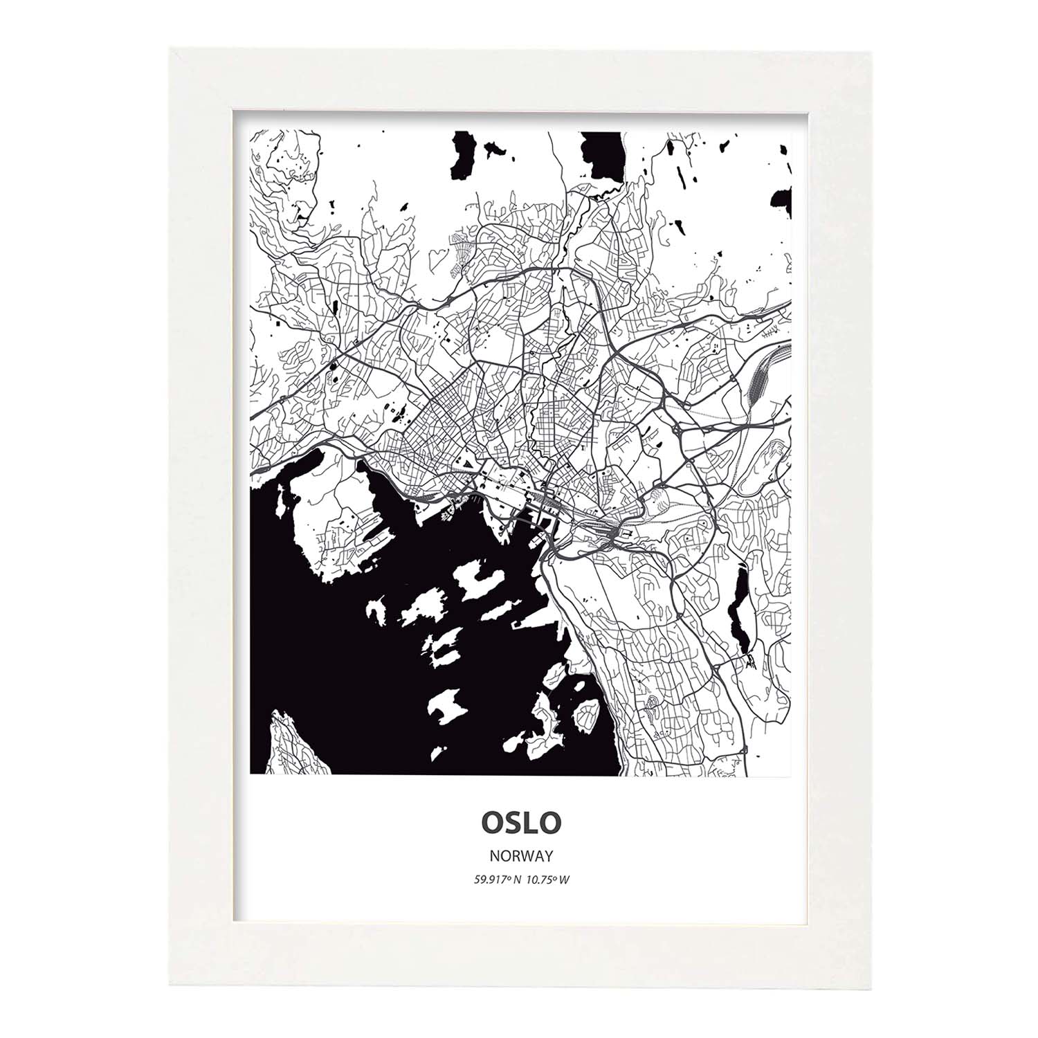 Poster con mapa de Oslo - Noruega. Láminas de ciudades del norte de Europa con mares y ríos en color negro.-Artwork-Nacnic-A3-Marco Blanco-Nacnic Estudio SL