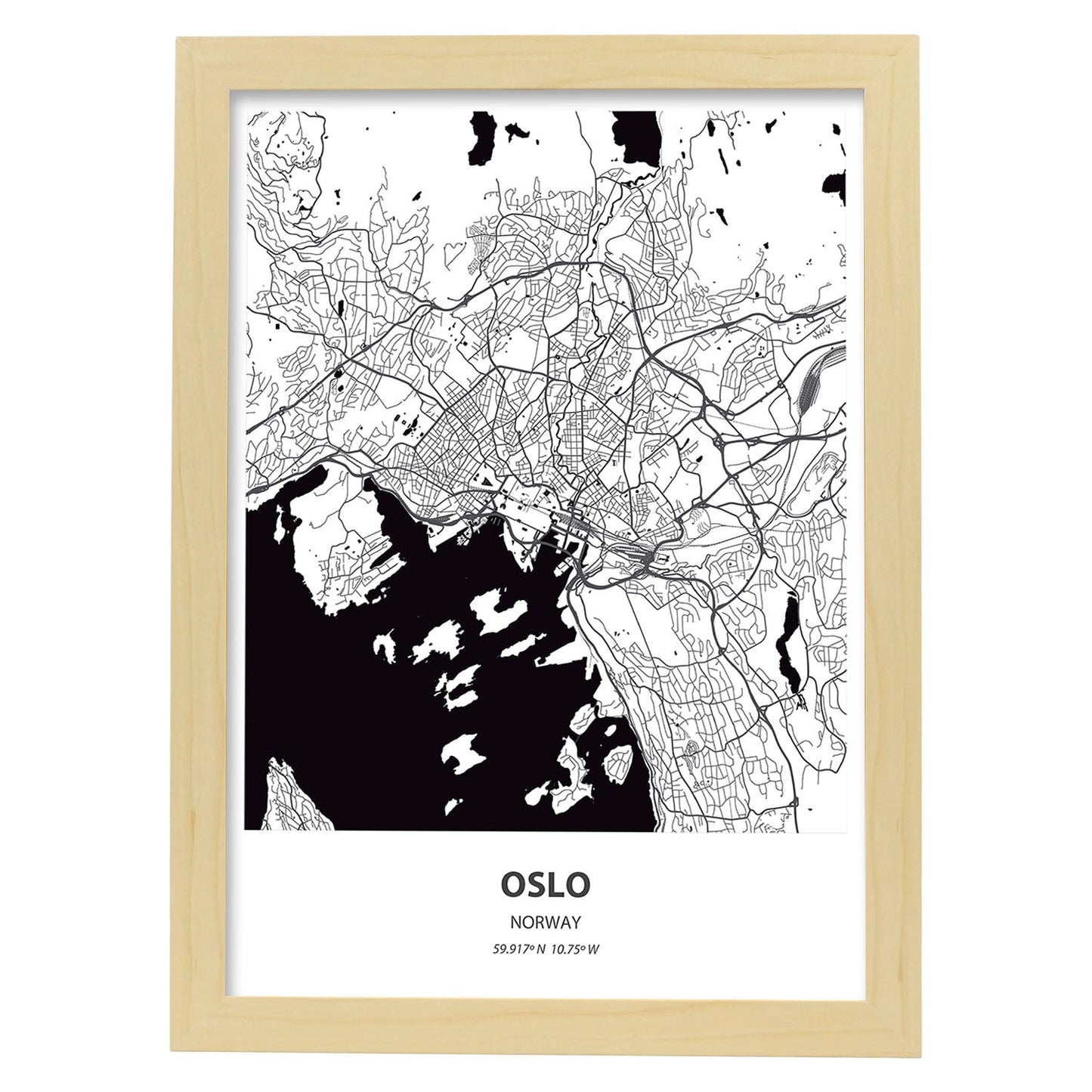 Poster con mapa de Oslo - Noruega. Láminas de ciudades del norte de Europa con mares y ríos en color negro.-Artwork-Nacnic-A3-Marco Madera clara-Nacnic Estudio SL