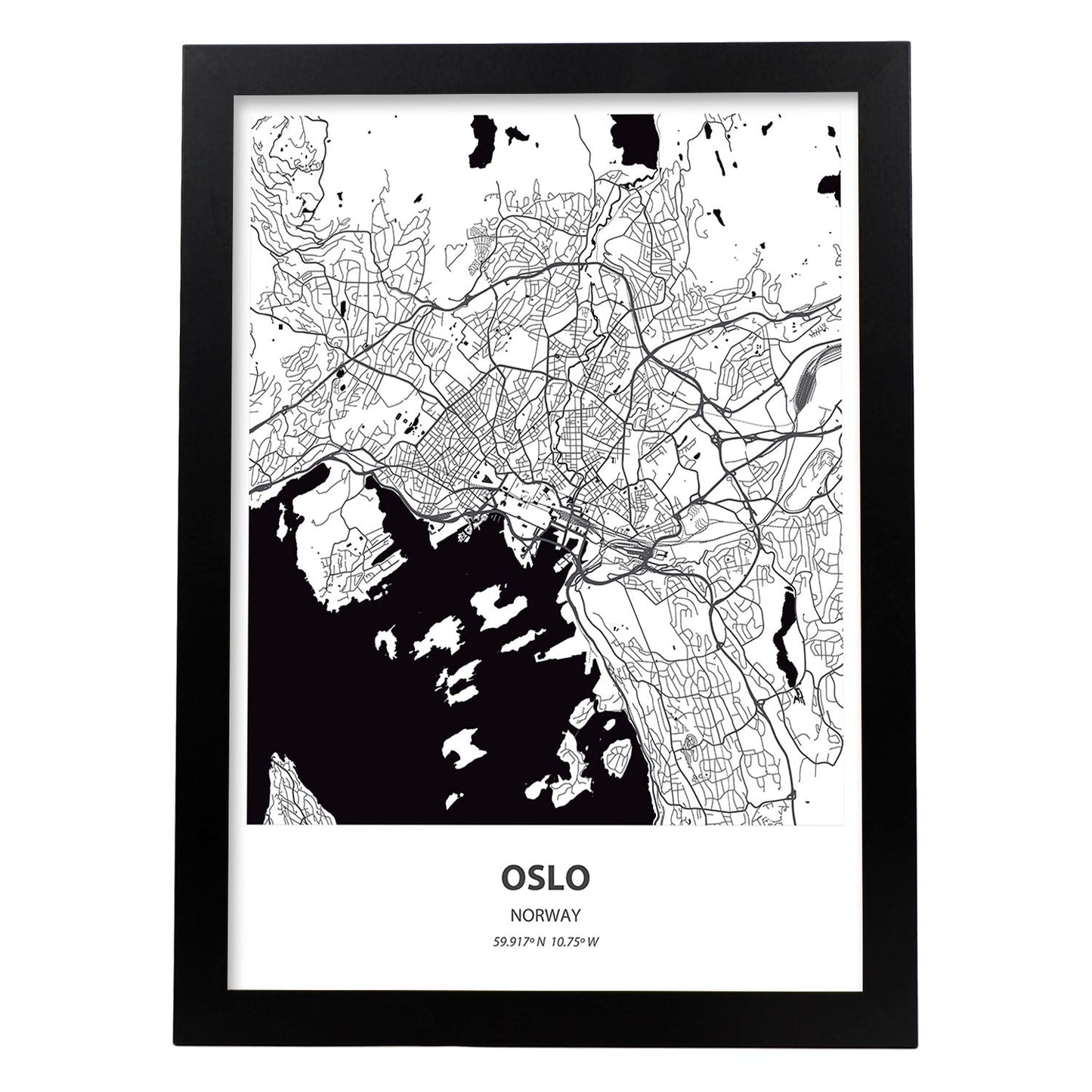 Poster con mapa de Oslo - Noruega. Láminas de ciudades del norte de Europa con mares y ríos en color negro.-Artwork-Nacnic-A3-Marco Negro-Nacnic Estudio SL