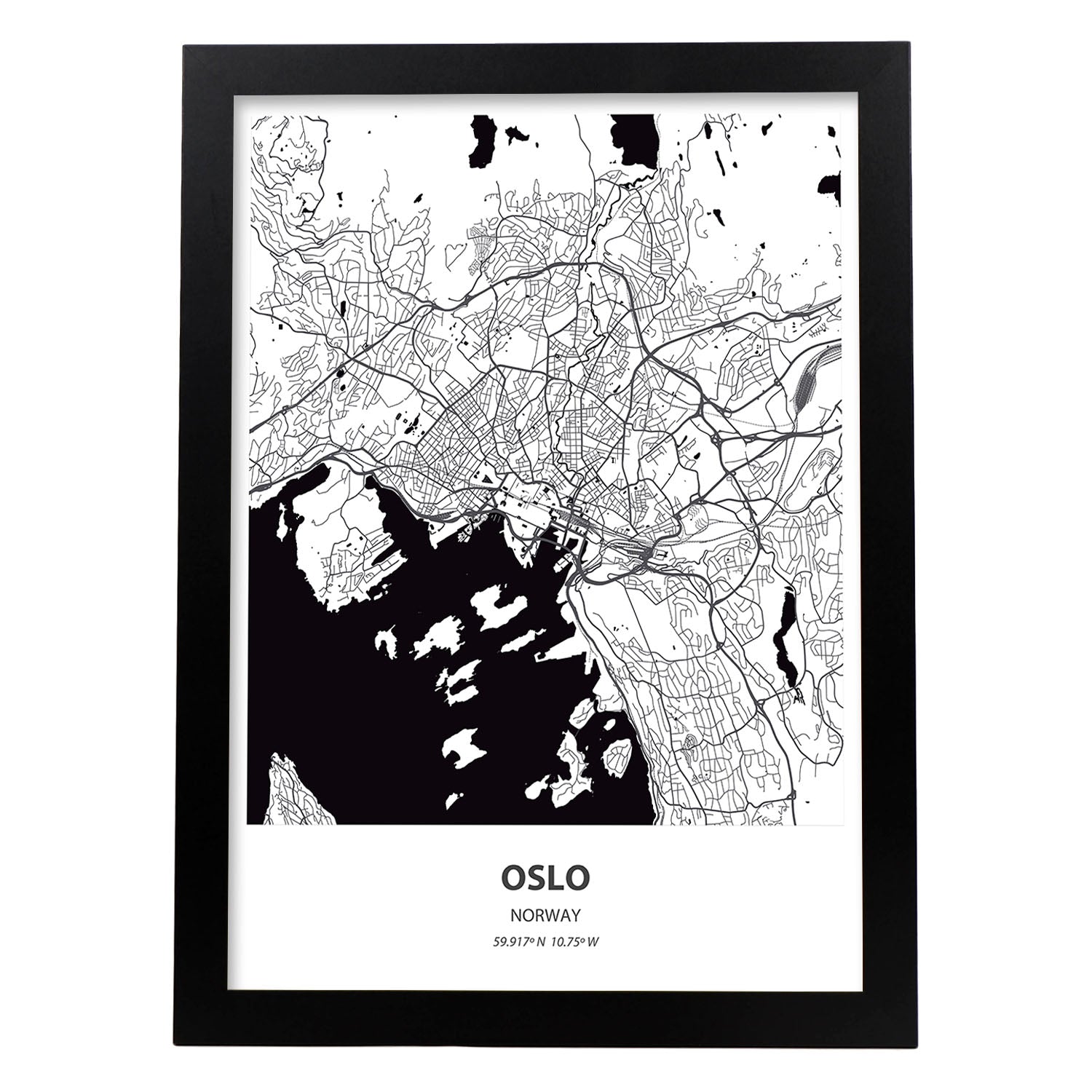 Poster con mapa de Oslo - Noruega. Láminas de ciudades del norte de Europa con mares y ríos en color negro.-Artwork-Nacnic-A3-Marco Negro-Nacnic Estudio SL