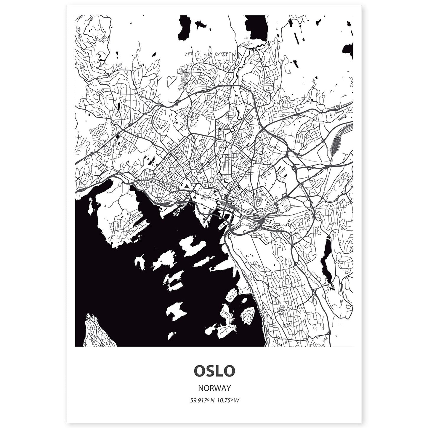 Poster con mapa de Oslo - Noruega. Láminas de ciudades del norte de Europa con mares y ríos en color negro.-Artwork-Nacnic-A4-Sin marco-Nacnic Estudio SL