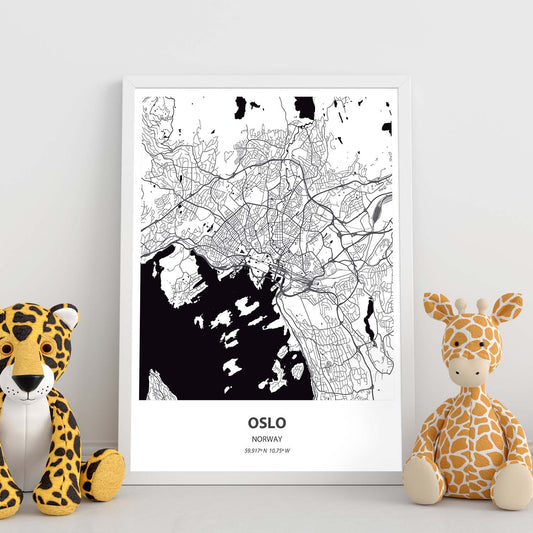 Poster con mapa de Oslo - Noruega. Láminas de ciudades del norte de Europa con mares y ríos en color negro.-Artwork-Nacnic-Nacnic Estudio SL