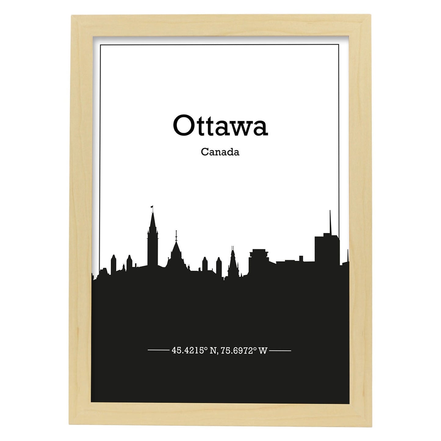 Poster con mapa de Ottawa - Canada. Láminas con Skyline de ciudades de Estados Unidos, Canada, Mexico con sombra negra.-Artwork-Nacnic-A3-Marco Madera clara-Nacnic Estudio SL