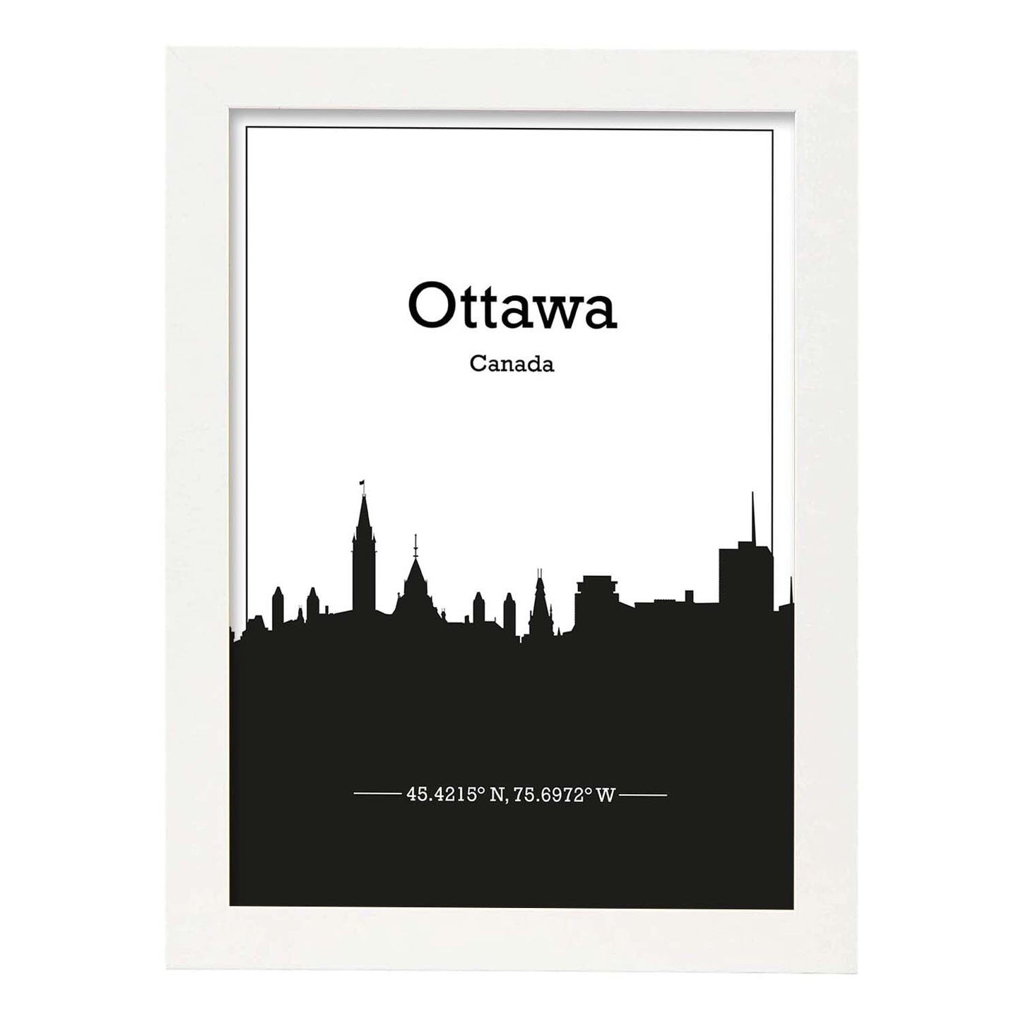 Poster con mapa de Ottawa - Canada. Láminas con Skyline de ciudades de Estados Unidos, Canada, Mexico con sombra negra.-Artwork-Nacnic-A4-Marco Blanco-Nacnic Estudio SL
