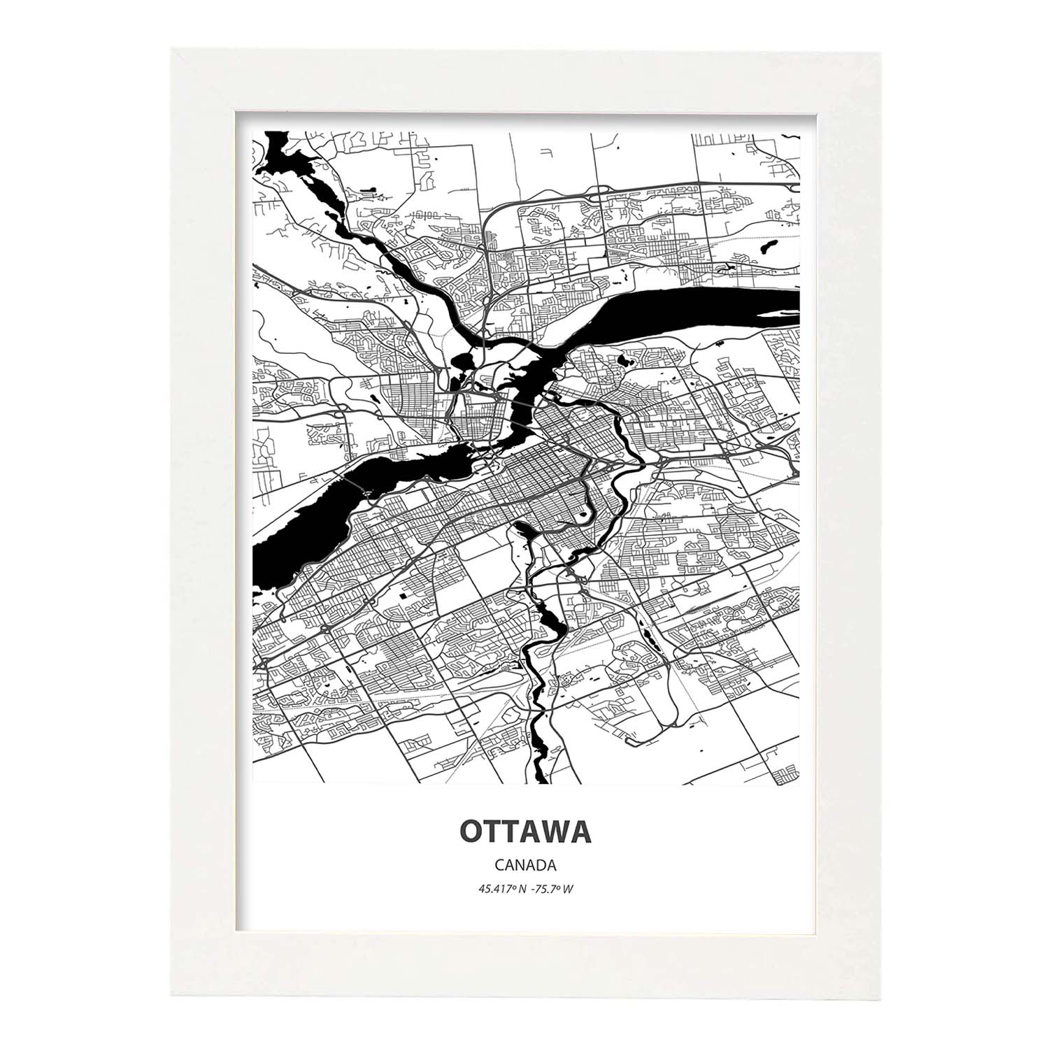 Poster con mapa de Ottawa - Canada. Láminas de ciudades de Canada con mares y ríos en color negro.-Artwork-Nacnic-A3-Marco Blanco-Nacnic Estudio SL