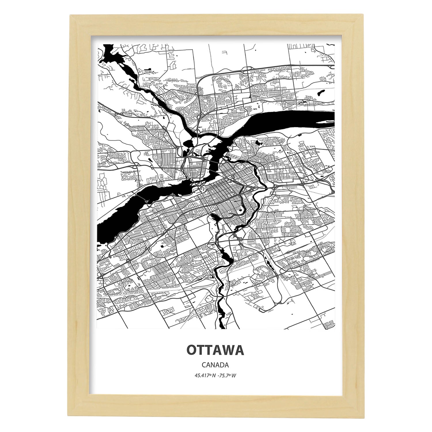 Poster con mapa de Ottawa - Canada. Láminas de ciudades de Canada con mares y ríos en color negro.-Artwork-Nacnic-A3-Marco Madera clara-Nacnic Estudio SL