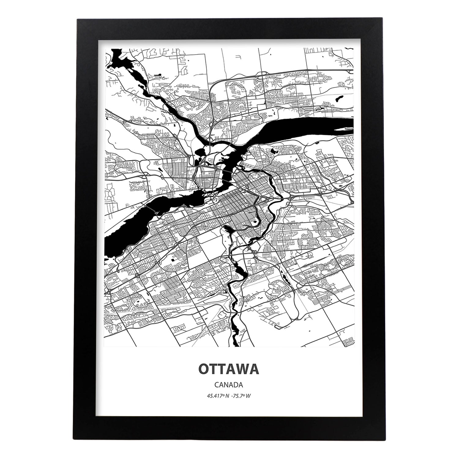 Poster con mapa de Ottawa - Canada. Láminas de ciudades de Canada con mares y ríos en color negro.-Artwork-Nacnic-A3-Marco Negro-Nacnic Estudio SL