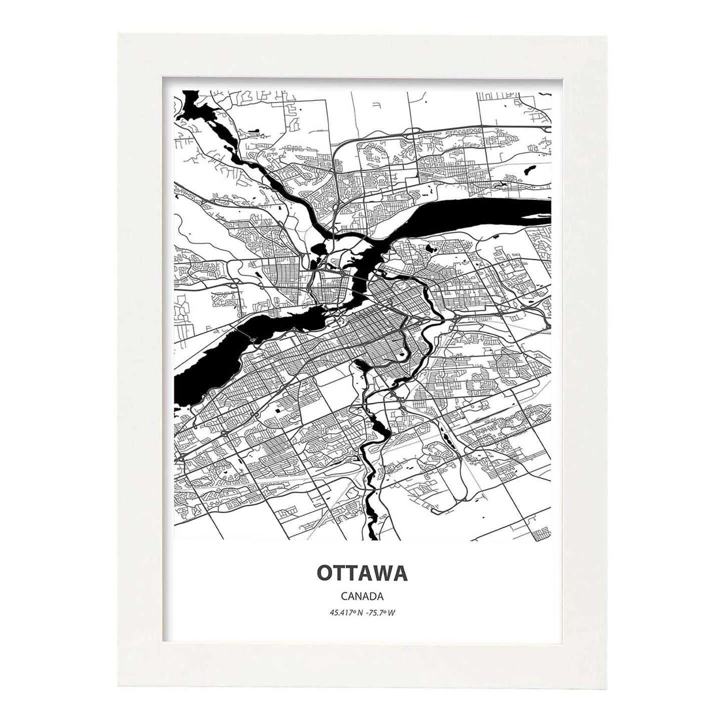 Poster con mapa de Ottawa - Canada. Láminas de ciudades de Canada con mares y ríos en color negro.-Artwork-Nacnic-A4-Marco Blanco-Nacnic Estudio SL