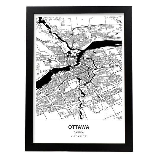 Poster con mapa de Ottawa - Canada. Láminas de ciudades de Canada con mares y ríos en color negro.-Artwork-Nacnic-A4-Marco Negro-Nacnic Estudio SL