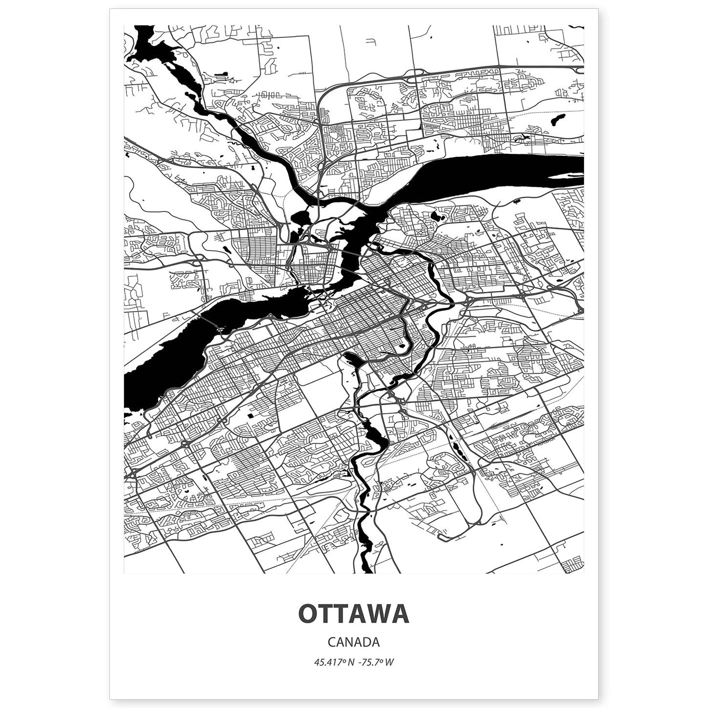 Poster con mapa de Ottawa - Canada. Láminas de ciudades de Canada con mares y ríos en color negro.-Artwork-Nacnic-A4-Sin marco-Nacnic Estudio SL