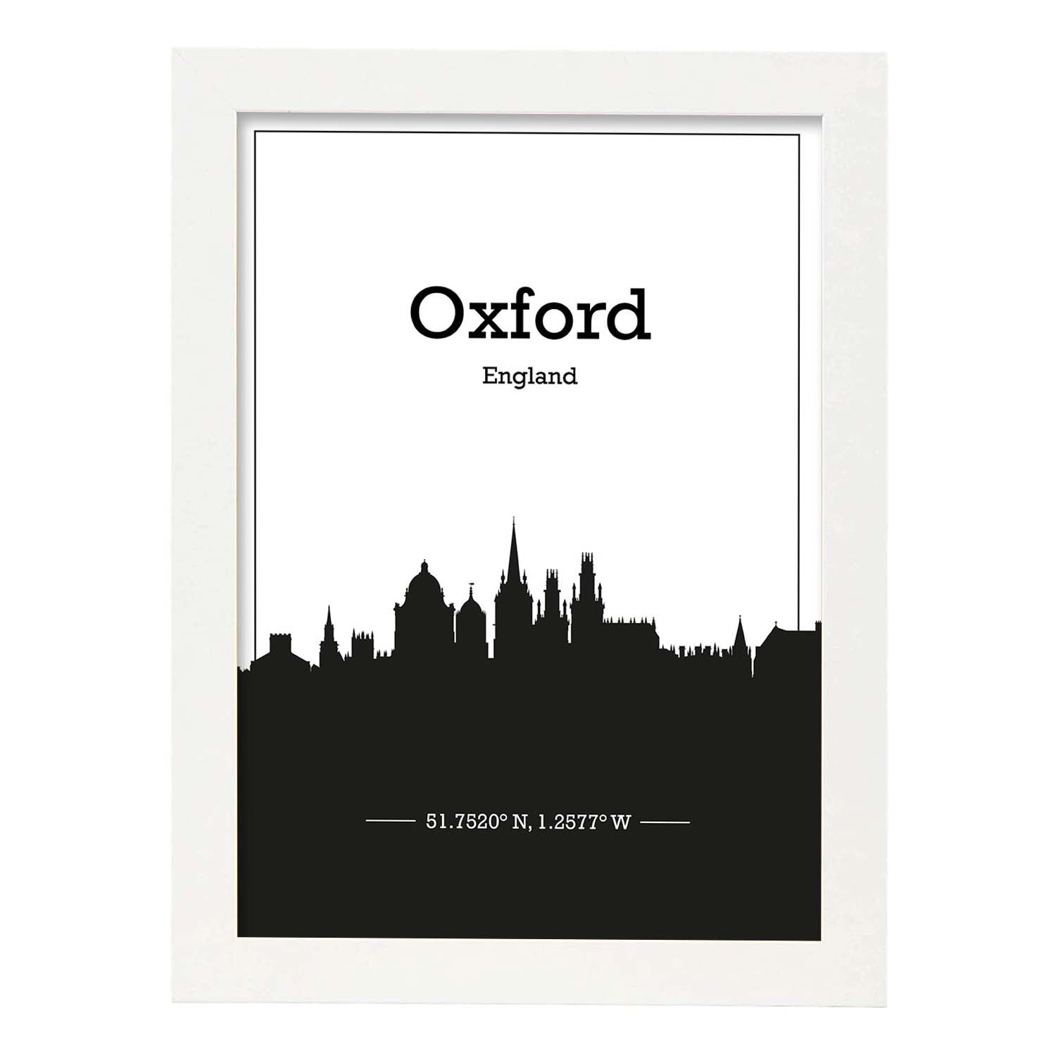 Poster con mapa de Oxford - Inglaterra. Láminas con Skyline de ciudades de Inglaterra e Irlanda con sombra negra.-Artwork-Nacnic-A3-Marco Blanco-Nacnic Estudio SL