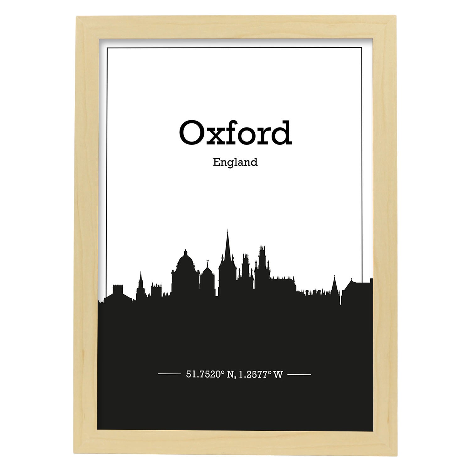 Poster con mapa de Oxford - Inglaterra. Láminas con Skyline de ciudades de Inglaterra e Irlanda con sombra negra.-Artwork-Nacnic-A3-Marco Madera clara-Nacnic Estudio SL