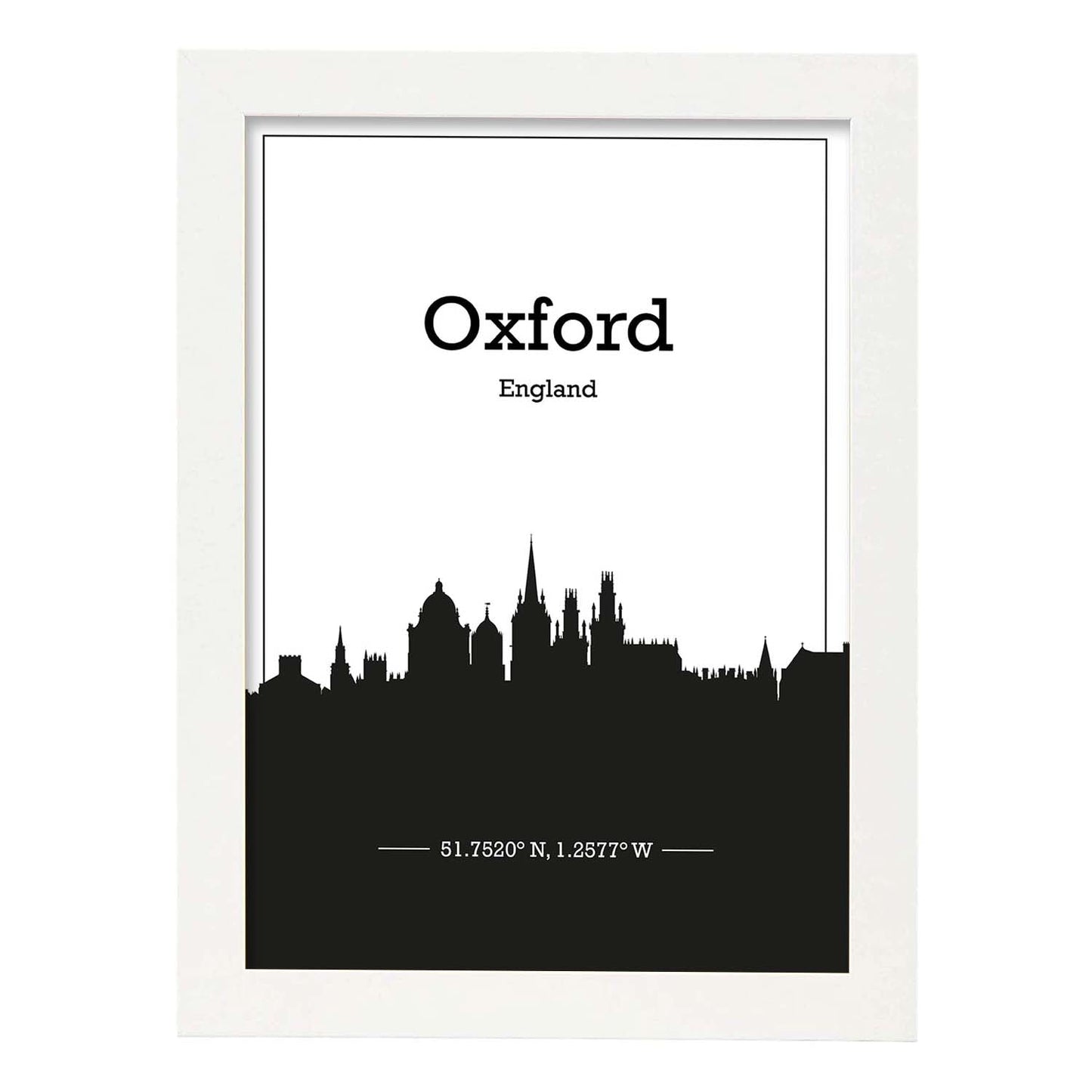 Poster con mapa de Oxford - Inglaterra. Láminas con Skyline de ciudades de Inglaterra e Irlanda con sombra negra.-Artwork-Nacnic-A4-Marco Blanco-Nacnic Estudio SL