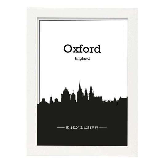 Poster con mapa de Oxford - Inglaterra. Láminas con Skyline de ciudades de Inglaterra e Irlanda con sombra negra.-Artwork-Nacnic-A4-Marco Blanco-Nacnic Estudio SL