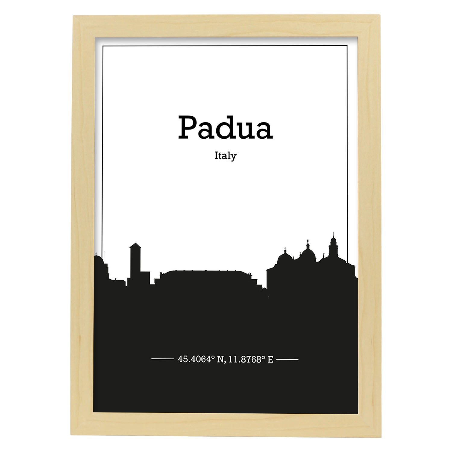 Poster con mapa de Padua - Italia. Láminas con Skyline de ciudades de Italia con sombra negra.-Artwork-Nacnic-A4-Marco Madera clara-Nacnic Estudio SL