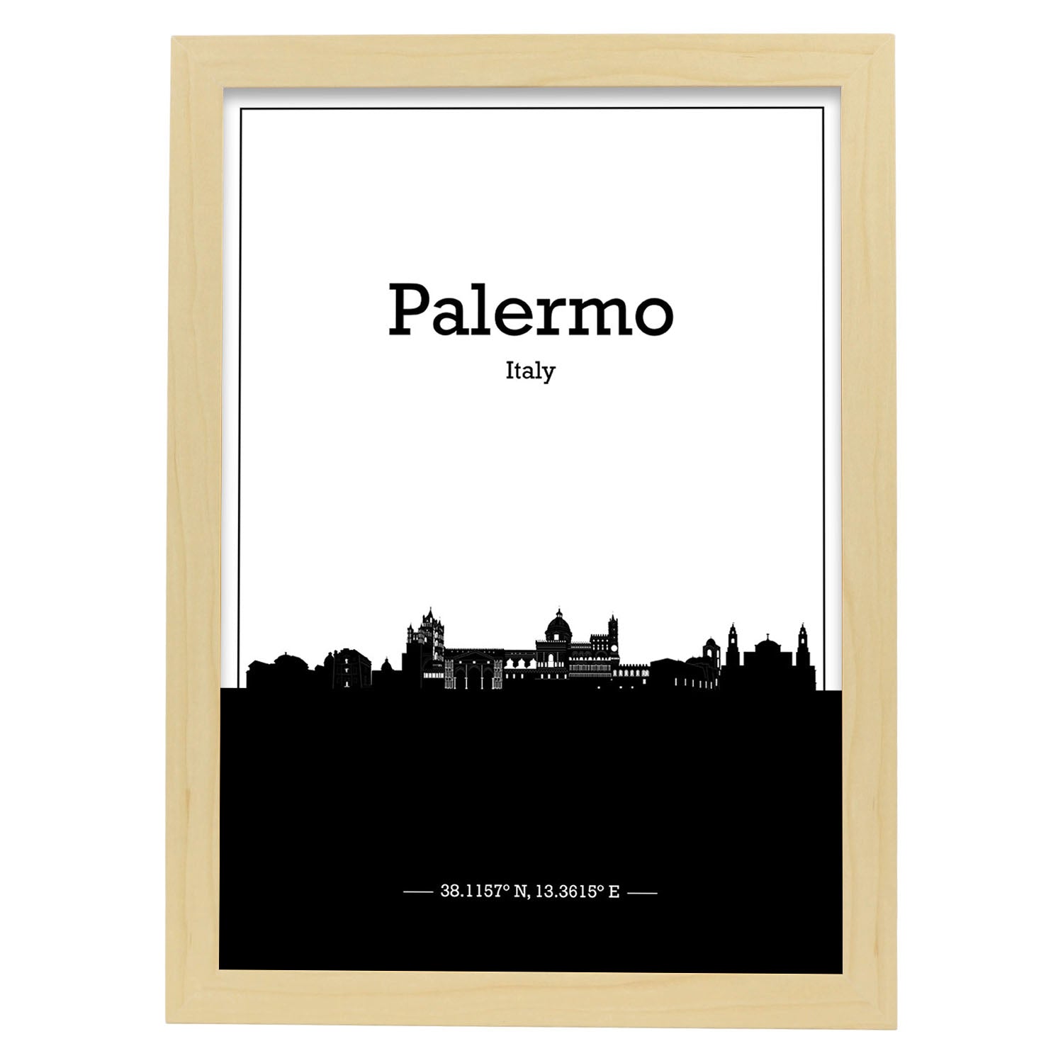 Poster con mapa de Palermo - Italia. Láminas con Skyline de ciudades de Italia con sombra negra.-Artwork-Nacnic-A3-Marco Madera clara-Nacnic Estudio SL