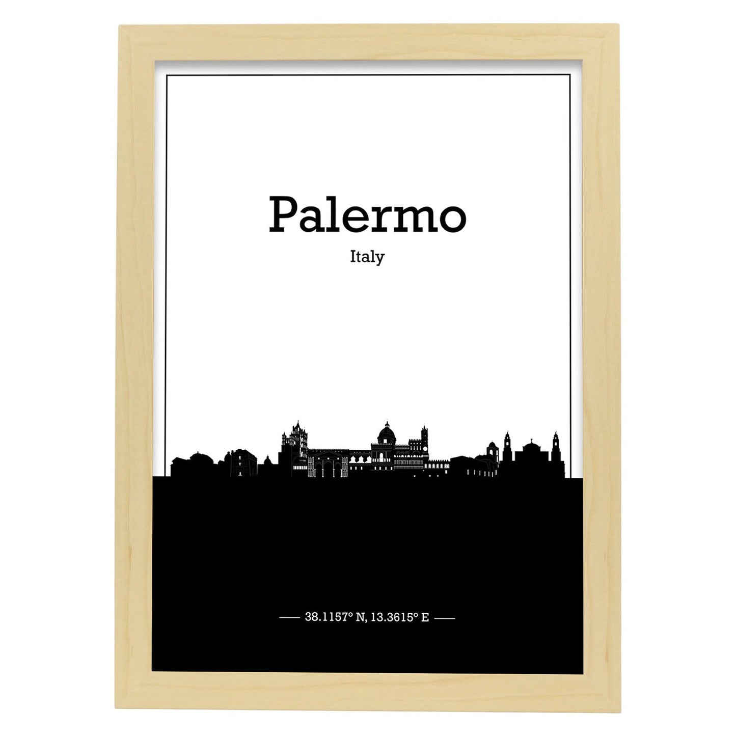 Poster con mapa de Palermo - Italia. Láminas con Skyline de ciudades de Italia con sombra negra.-Artwork-Nacnic-A4-Marco Madera clara-Nacnic Estudio SL