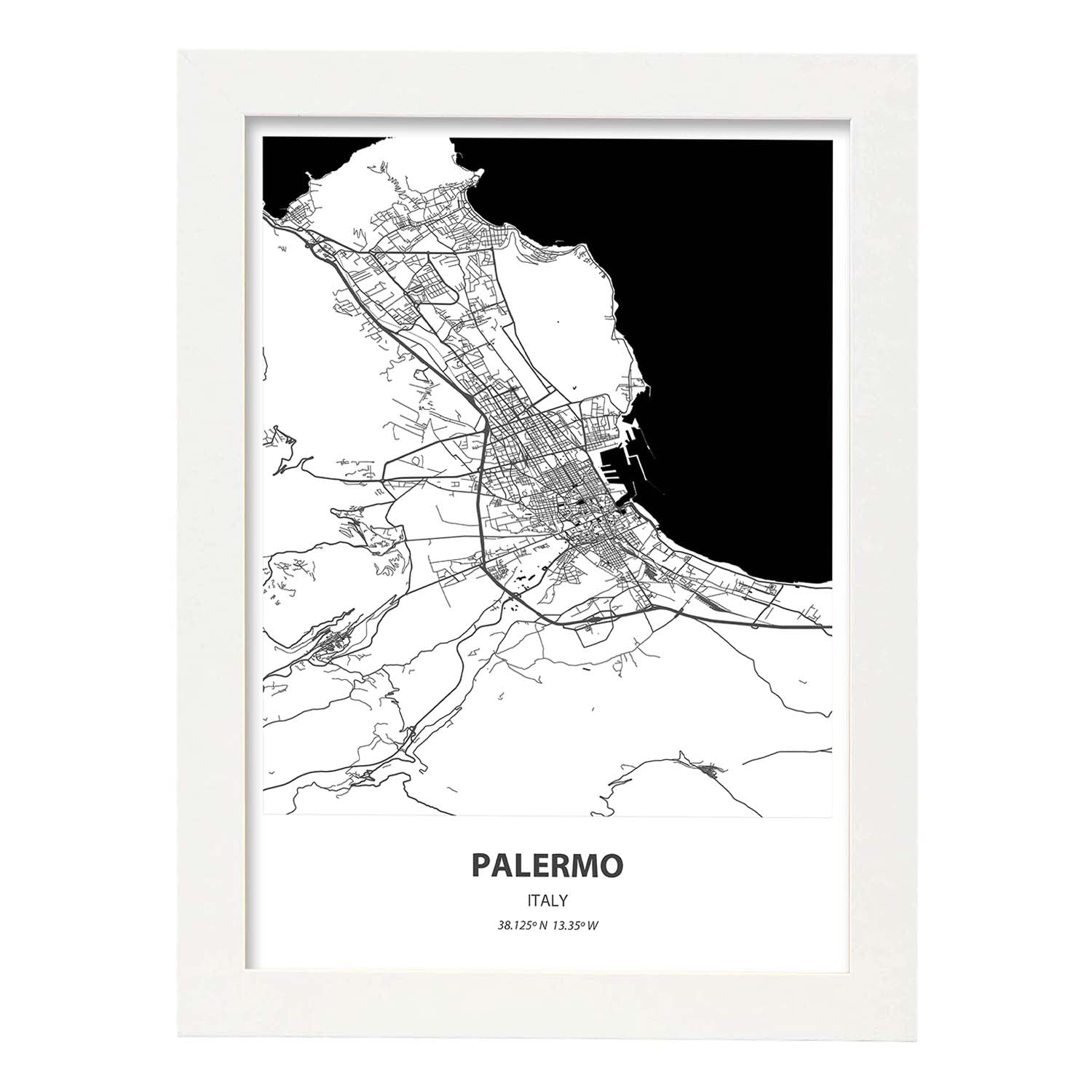 Poster con mapa de Palermo - Italia. Láminas de ciudades de Italia con mares y ríos en color negro.-Artwork-Nacnic-A3-Marco Blanco-Nacnic Estudio SL