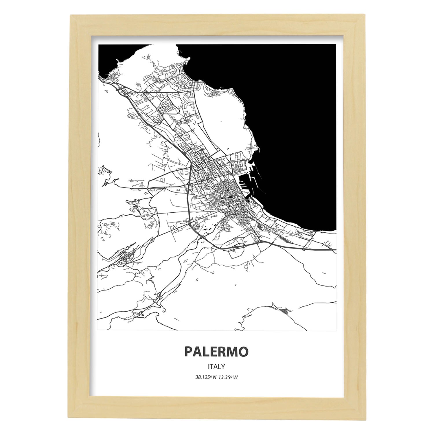 Poster con mapa de Palermo - Italia. Láminas de ciudades de Italia con mares y ríos en color negro.-Artwork-Nacnic-A3-Marco Madera clara-Nacnic Estudio SL