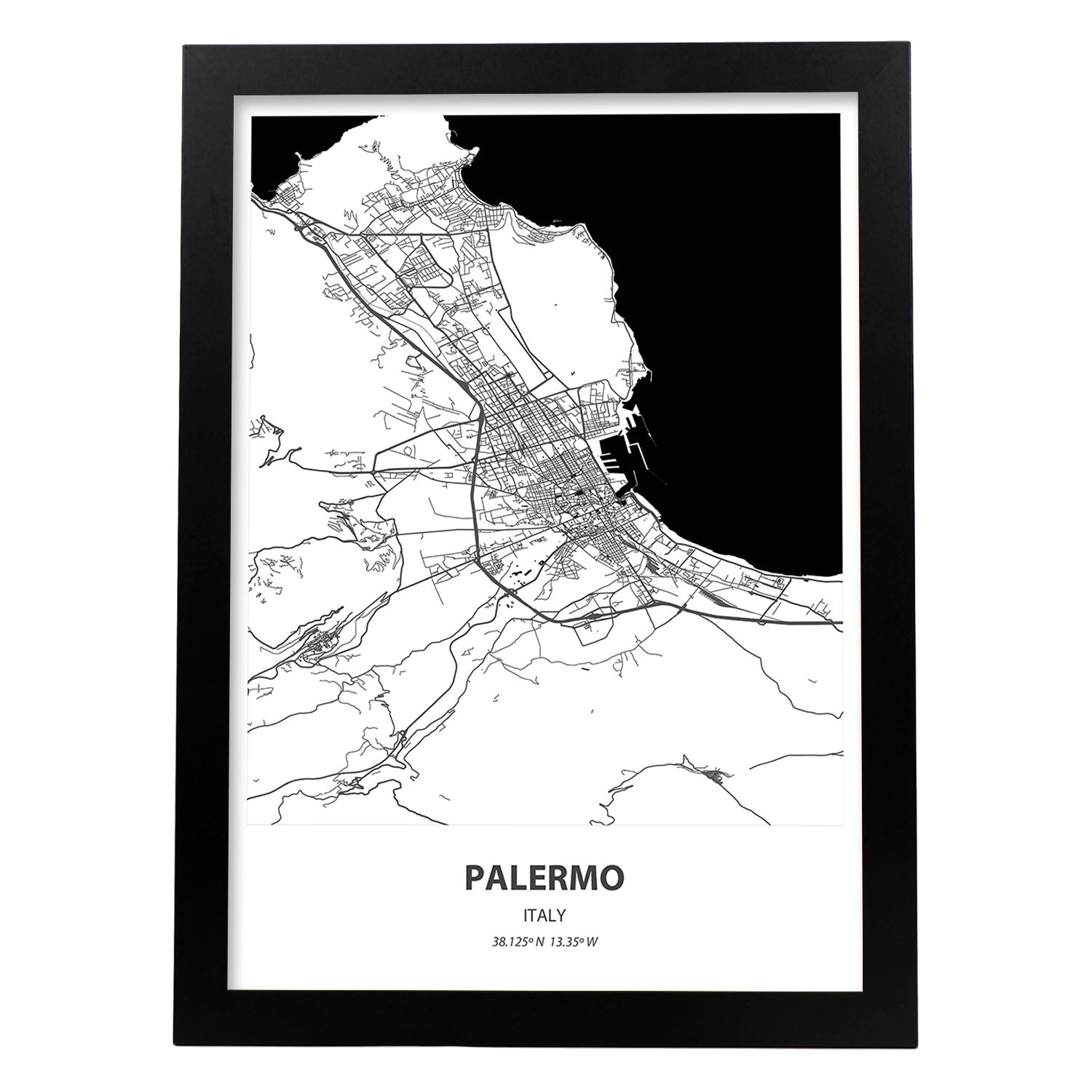 Poster con mapa de Palermo - Italia. Láminas de ciudades de Italia con mares y ríos en color negro.-Artwork-Nacnic-A3-Marco Negro-Nacnic Estudio SL