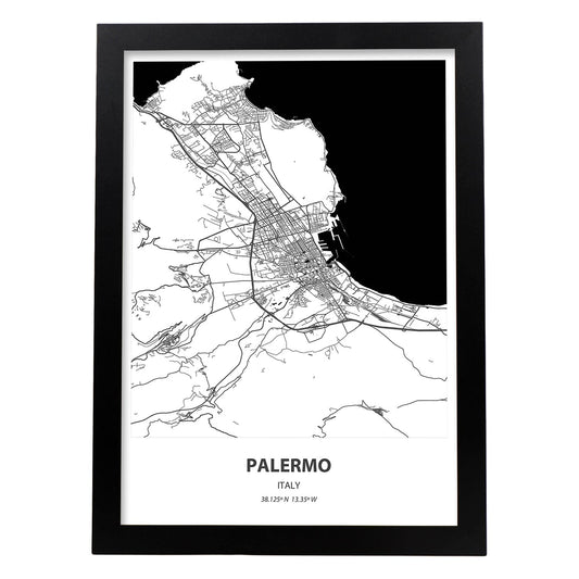 Poster con mapa de Palermo - Italia. Láminas de ciudades de Italia con mares y ríos en color negro.-Artwork-Nacnic-A4-Marco Negro-Nacnic Estudio SL