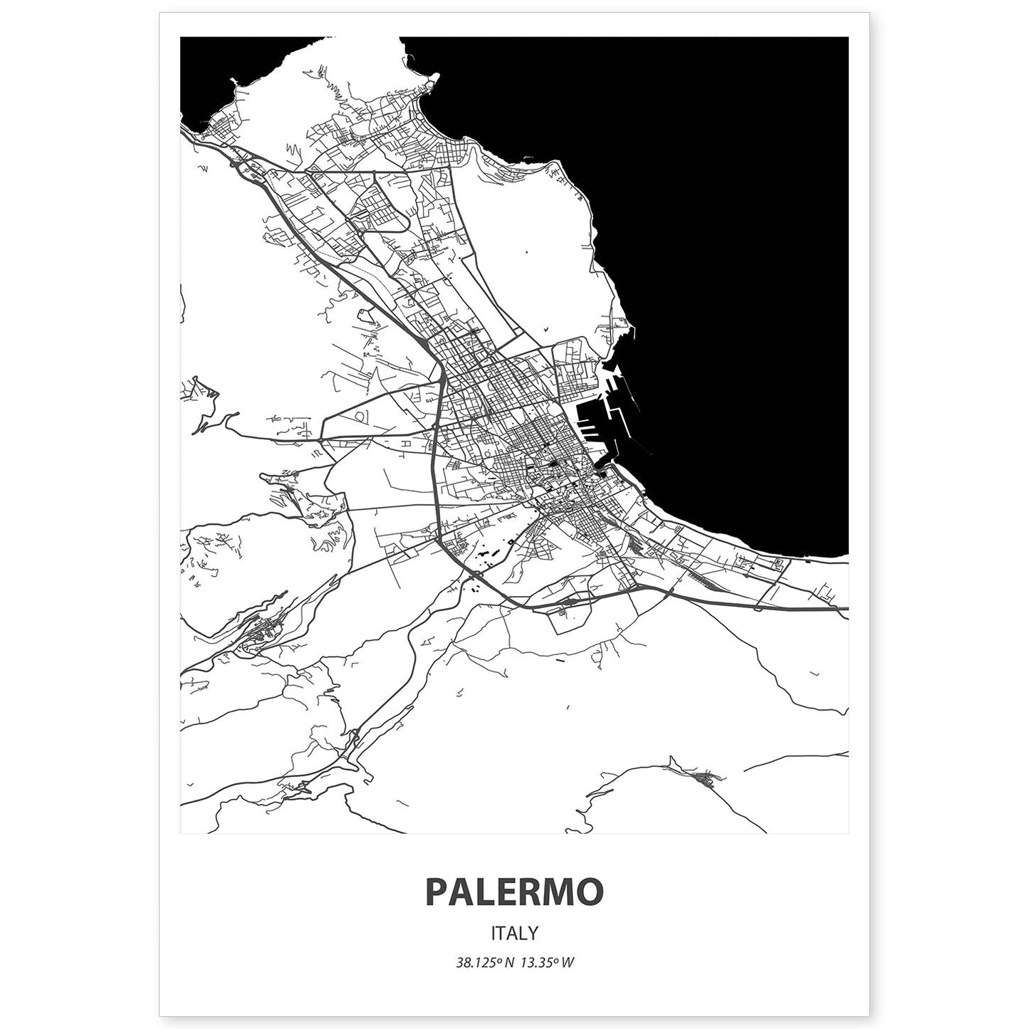Poster con mapa de Palermo - Italia. Láminas de ciudades de Italia con mares y ríos en color negro.-Artwork-Nacnic-A4-Sin marco-Nacnic Estudio SL
