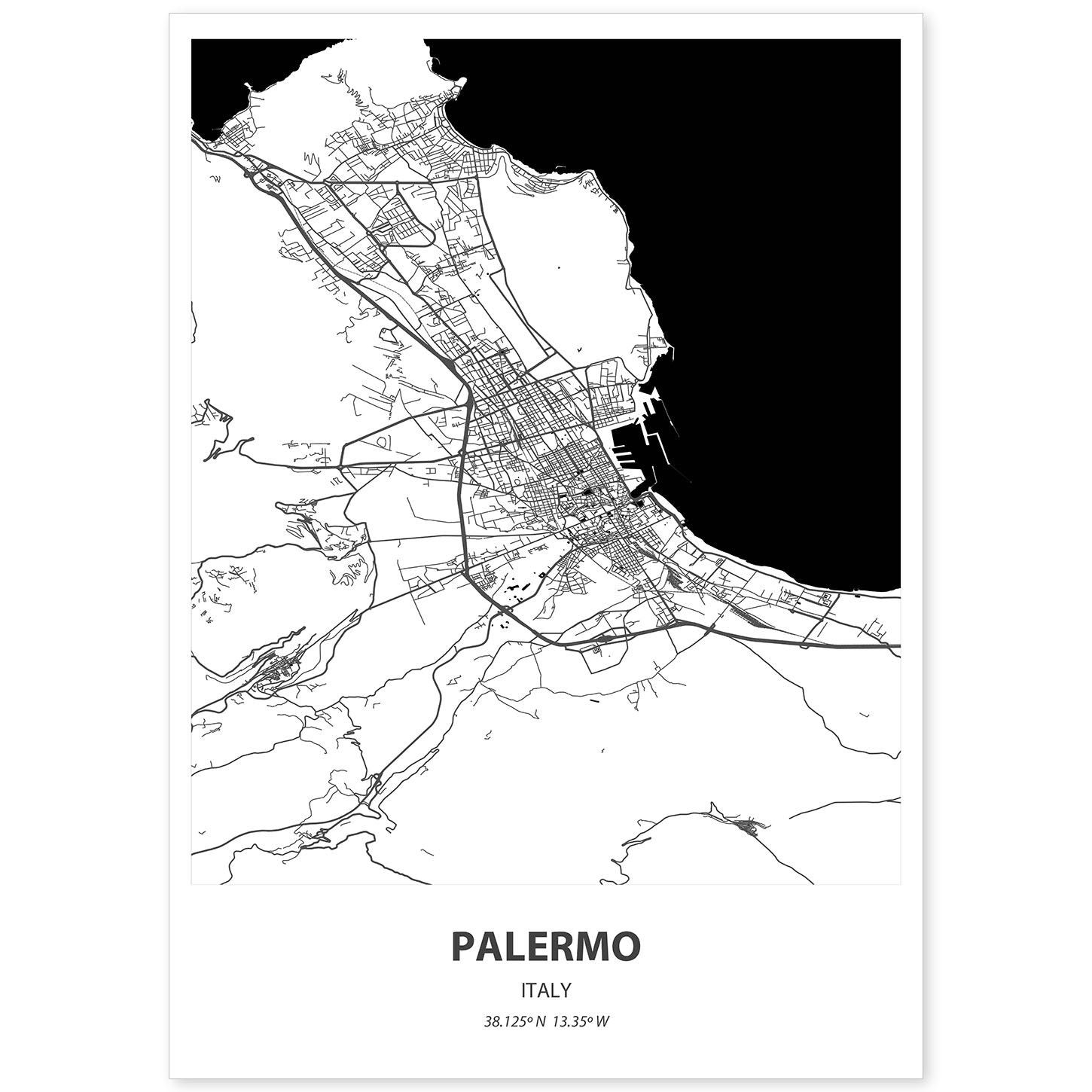 Poster con mapa de Palermo - Italia. Láminas de ciudades de Italia con mares y ríos en color negro.-Artwork-Nacnic-A4-Sin marco-Nacnic Estudio SL