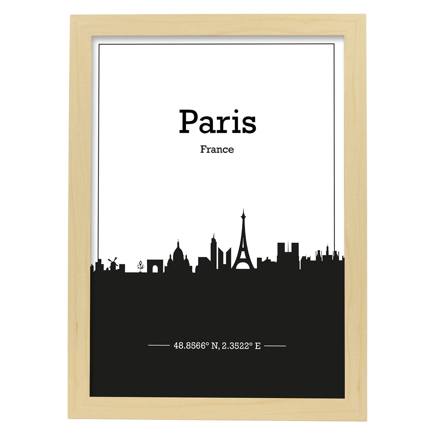Poster con mapa de Paris - Francia. Láminas con Skyline de ciudades de Francia con sombra negra.-Artwork-Nacnic-A3-Marco Madera clara-Nacnic Estudio SL