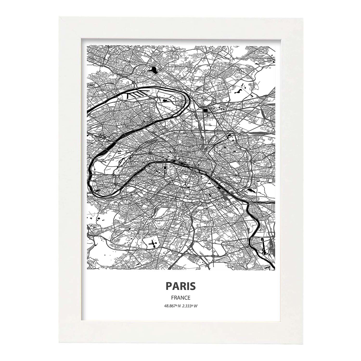 Poster con mapa de Paris - Francia. Láminas de ciudades de Francia con mares y ríos en color negro.-Artwork-Nacnic-A3-Marco Blanco-Nacnic Estudio SL