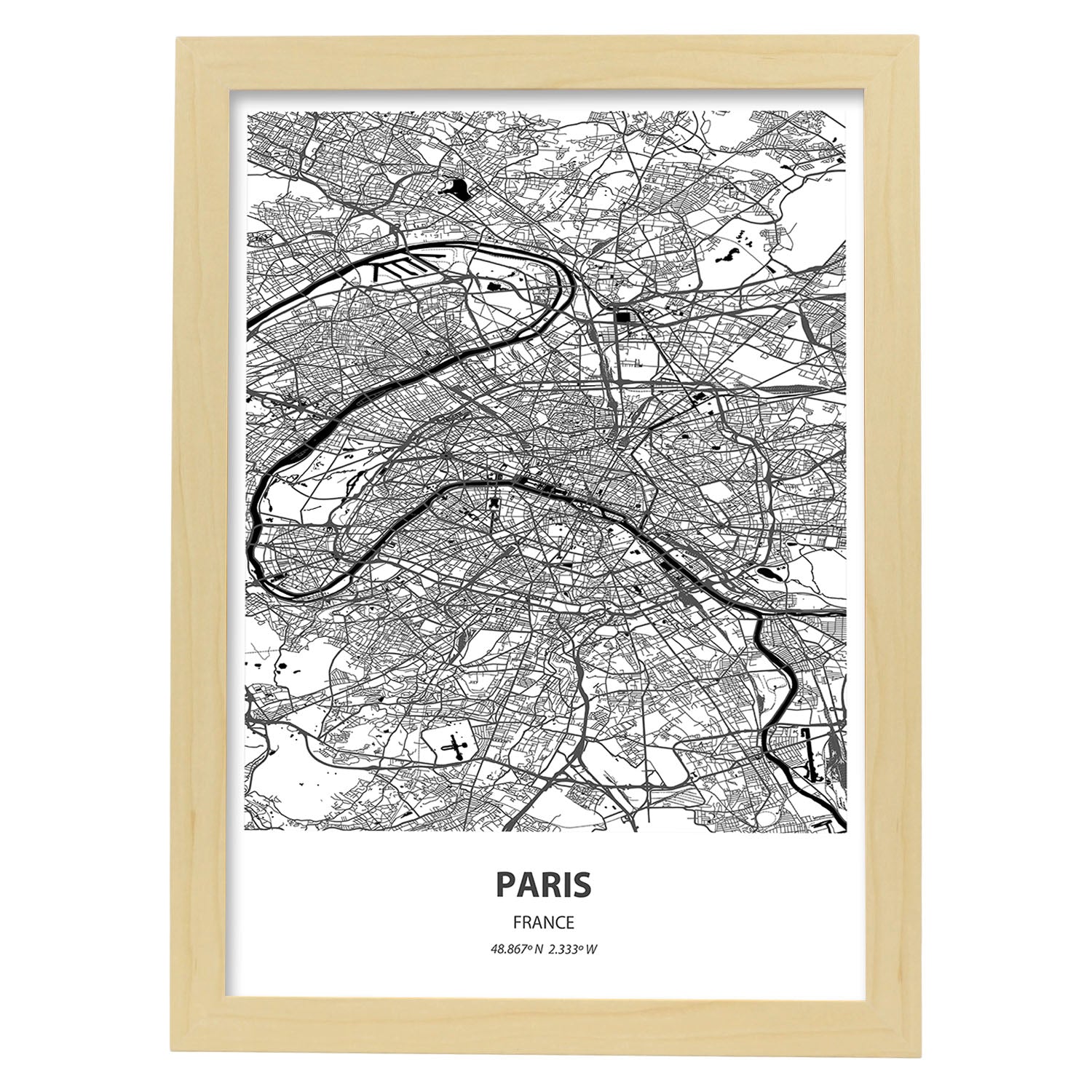 Poster con mapa de Paris - Francia. Láminas de ciudades de Francia con mares y ríos en color negro.-Artwork-Nacnic-A3-Marco Madera clara-Nacnic Estudio SL