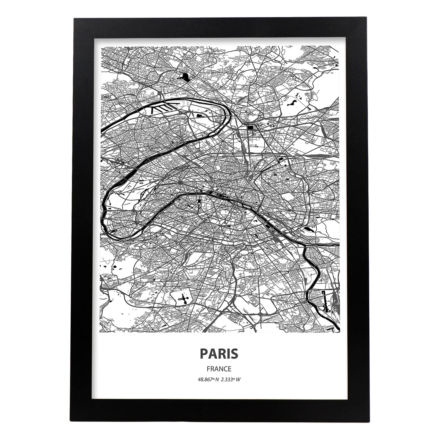 Poster con mapa de Paris - Francia. Láminas de ciudades de Francia con mares y ríos en color negro.-Artwork-Nacnic-A3-Marco Negro-Nacnic Estudio SL