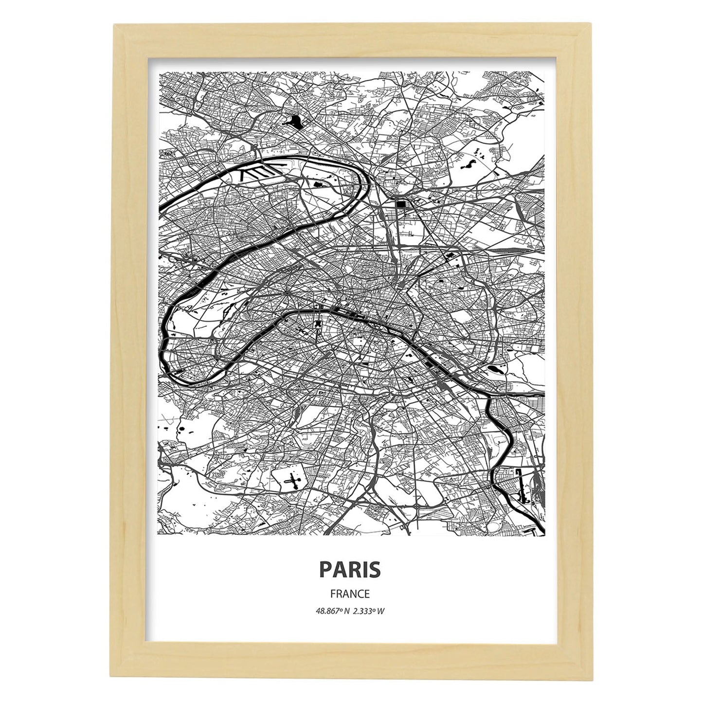 Poster con mapa de Paris - Francia. Láminas de ciudades de Francia con mares y ríos en color negro.-Artwork-Nacnic-A4-Marco Madera clara-Nacnic Estudio SL