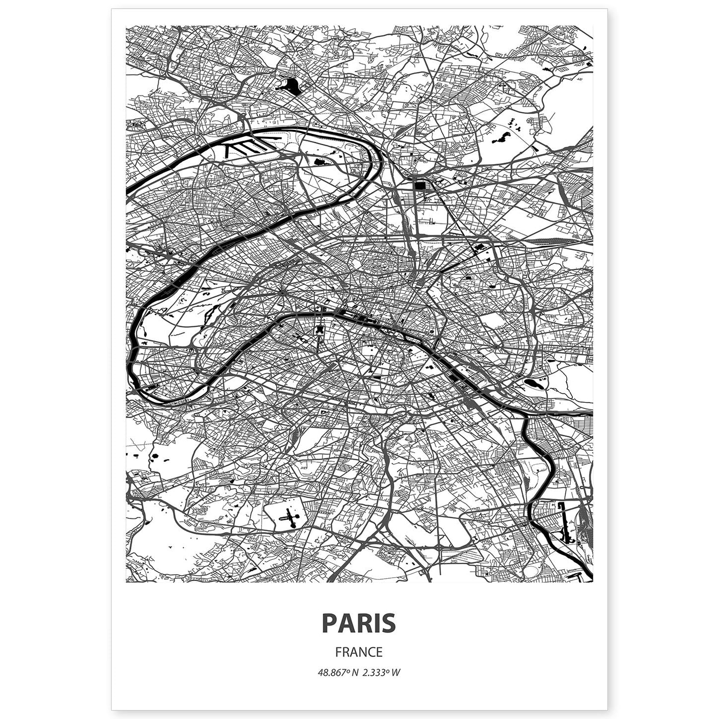 Poster con mapa de Paris - Francia. Láminas de ciudades de Francia con mares y ríos en color negro.-Artwork-Nacnic-A4-Sin marco-Nacnic Estudio SL