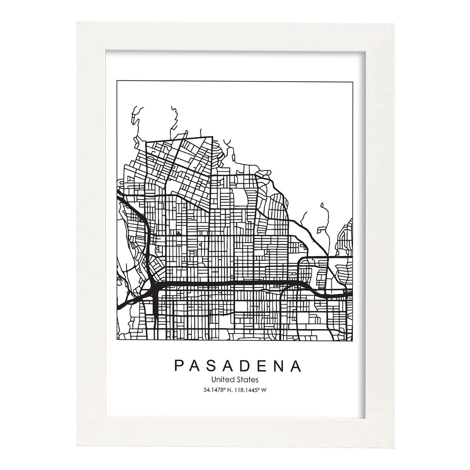 Poster con mapa de Pasadena. Lámina de Estados Unidos, con imágenes de mapas y carreteras-Artwork-Nacnic-A3-Marco Blanco-Nacnic Estudio SL