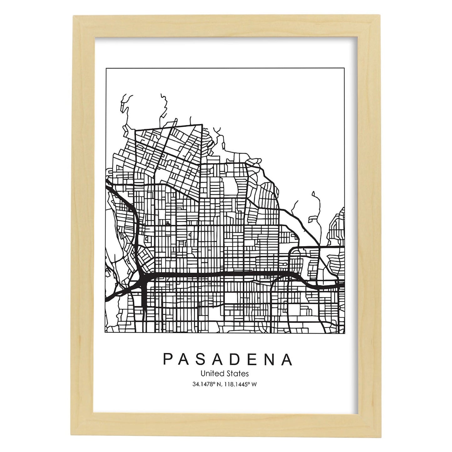Poster con mapa de Pasadena. Lámina de Estados Unidos, con imágenes de mapas y carreteras-Artwork-Nacnic-A3-Marco Madera clara-Nacnic Estudio SL