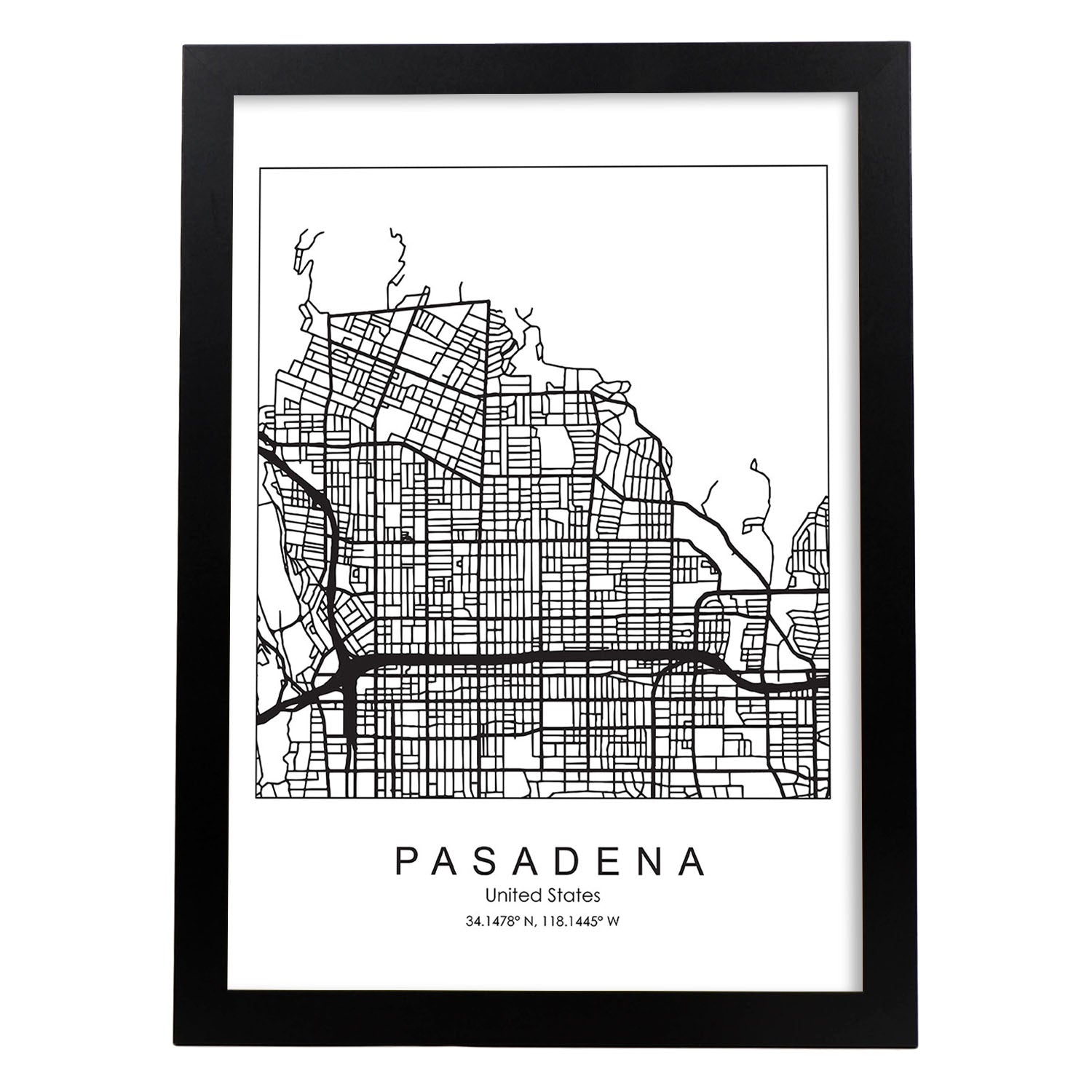 Poster con mapa de Pasadena. Lámina de Estados Unidos, con imágenes de mapas y carreteras-Artwork-Nacnic-A3-Marco Negro-Nacnic Estudio SL