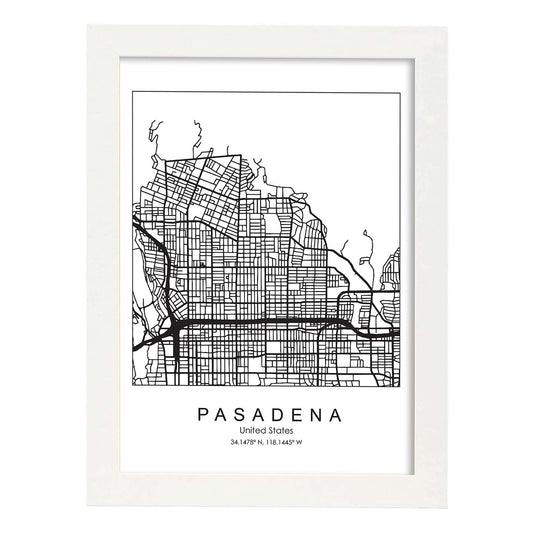 Poster con mapa de Pasadena. Lámina de Estados Unidos, con imágenes de mapas y carreteras-Artwork-Nacnic-A4-Marco Blanco-Nacnic Estudio SL