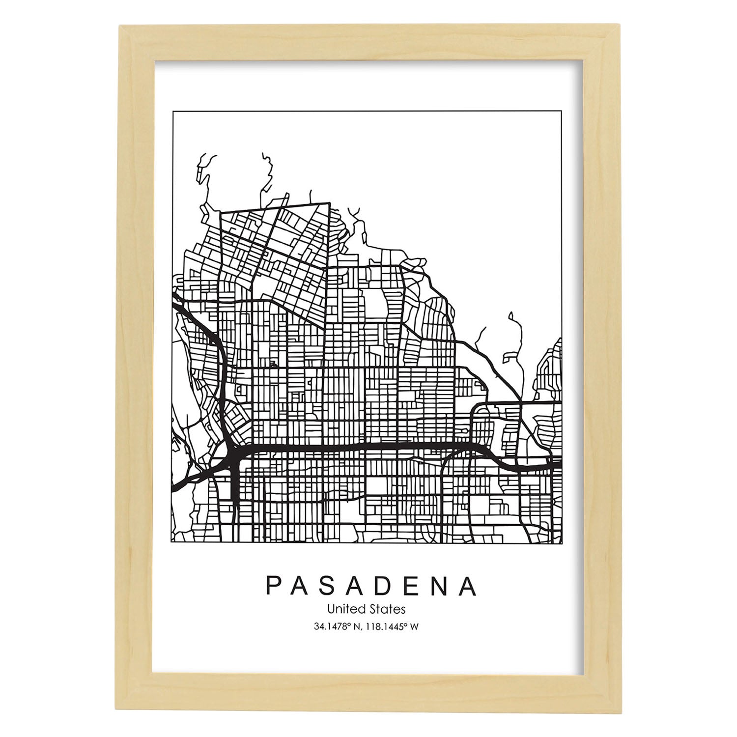 Poster con mapa de Pasadena. Lámina de Estados Unidos, con imágenes de mapas y carreteras-Artwork-Nacnic-A4-Marco Madera clara-Nacnic Estudio SL
