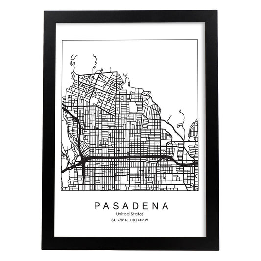 Poster con mapa de Pasadena. Lámina de Estados Unidos, con imágenes de mapas y carreteras-Artwork-Nacnic-A4-Marco Negro-Nacnic Estudio SL