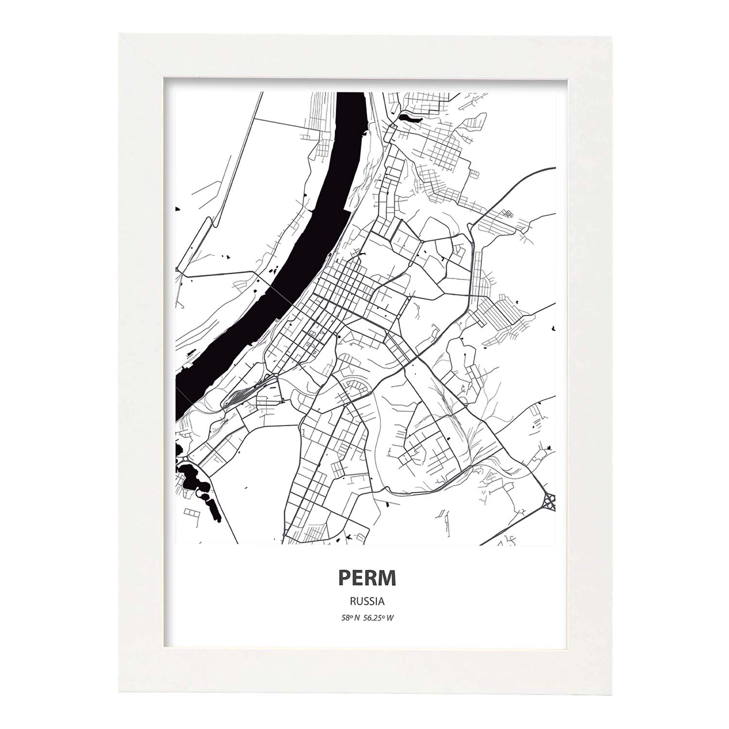 Poster con mapa de Perm - Rusia. Láminas de ciudades de Asia con mares y ríos en color negro.-Artwork-Nacnic-A3-Marco Blanco-Nacnic Estudio SL