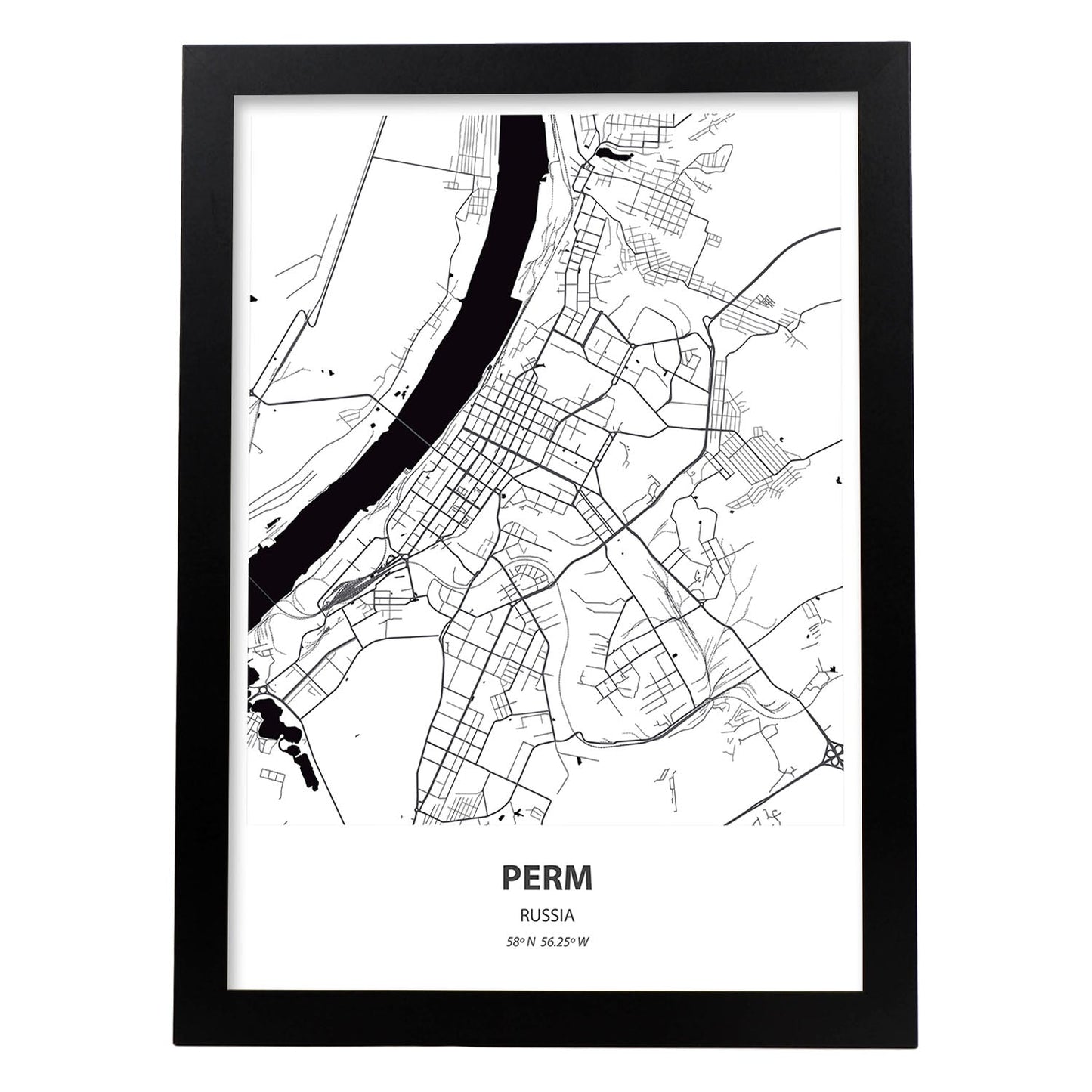 Poster con mapa de Perm - Rusia. Láminas de ciudades de Asia con mares y ríos en color negro.-Artwork-Nacnic-A3-Marco Negro-Nacnic Estudio SL