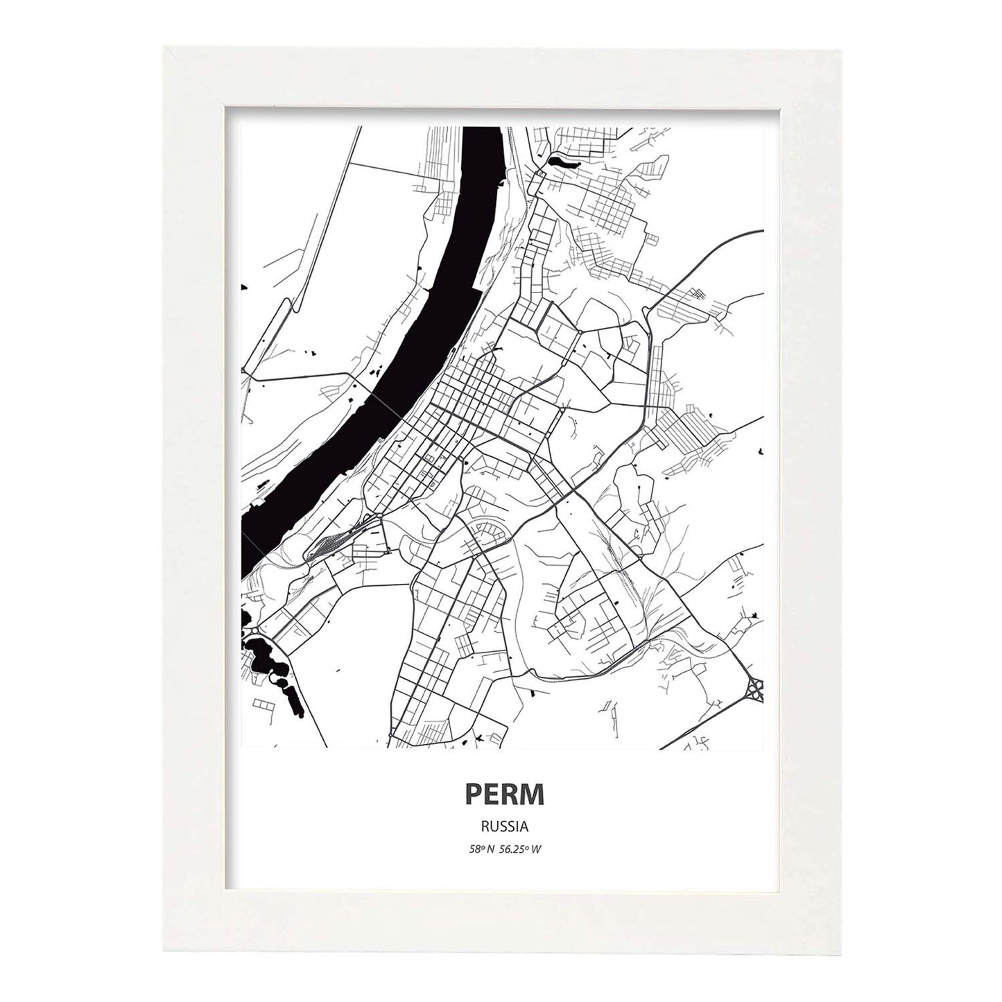 Poster con mapa de Perm - Rusia. Láminas de ciudades de Asia con mares y ríos en color negro.-Artwork-Nacnic-A4-Marco Blanco-Nacnic Estudio SL