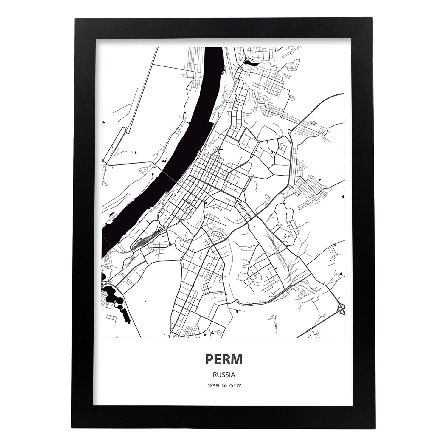 Poster con mapa de Perm - Rusia. Láminas de ciudades de Asia con mares y ríos en color negro.-Artwork-Nacnic-A4-Marco Negro-Nacnic Estudio SL