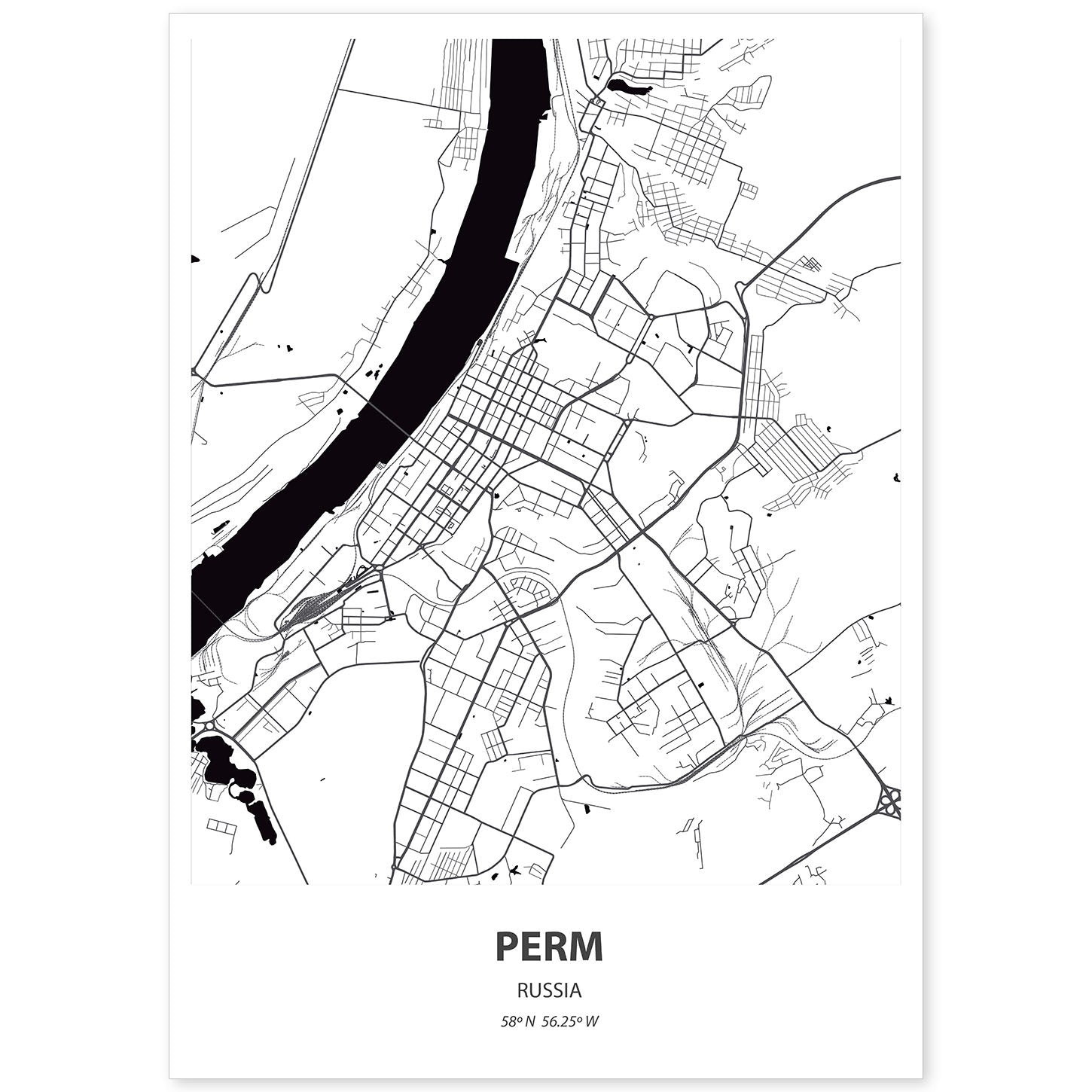 Poster con mapa de Perm - Rusia. Láminas de ciudades de Asia con mares y ríos en color negro.-Artwork-Nacnic-A4-Sin marco-Nacnic Estudio SL
