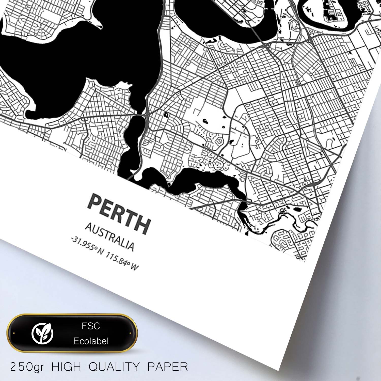 Poster con mapa de Perth - Australia. Láminas de ciudades de Australia con mares y ríos en color negro.-Artwork-Nacnic-Nacnic Estudio SL