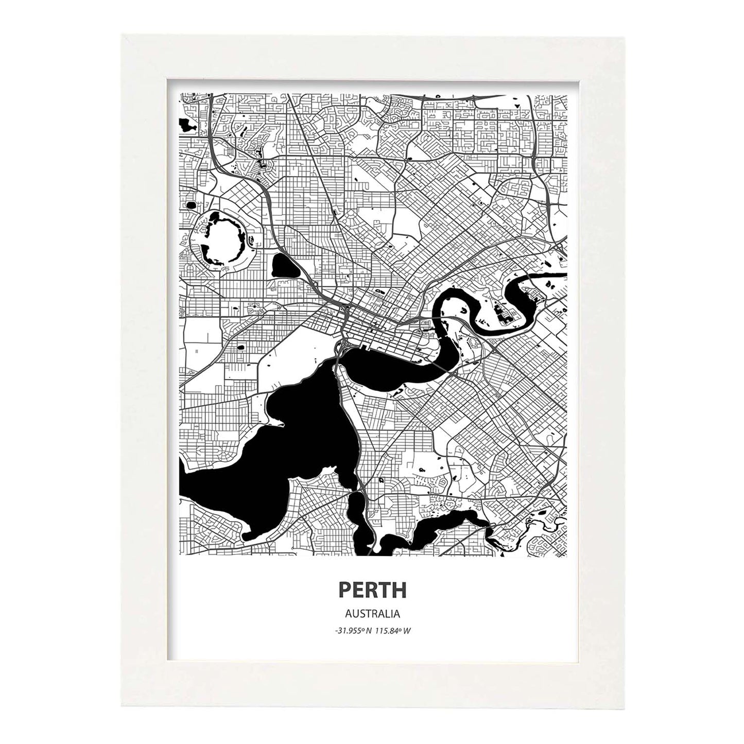 Poster con mapa de Perth - Australia. Láminas de ciudades de Australia con mares y ríos en color negro.-Artwork-Nacnic-A3-Marco Blanco-Nacnic Estudio SL