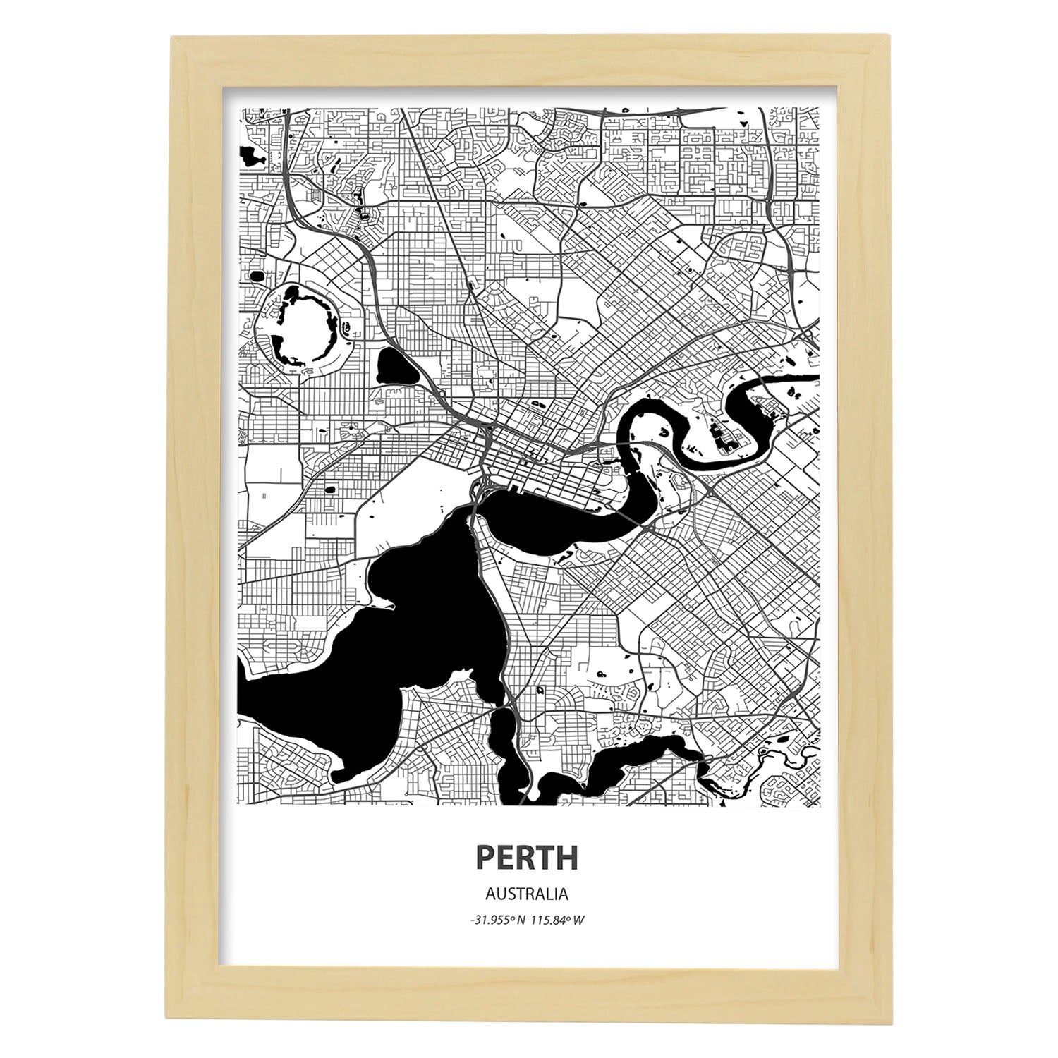 Poster con mapa de Perth - Australia. Láminas de ciudades de Australia con mares y ríos en color negro.-Artwork-Nacnic-A3-Marco Madera clara-Nacnic Estudio SL