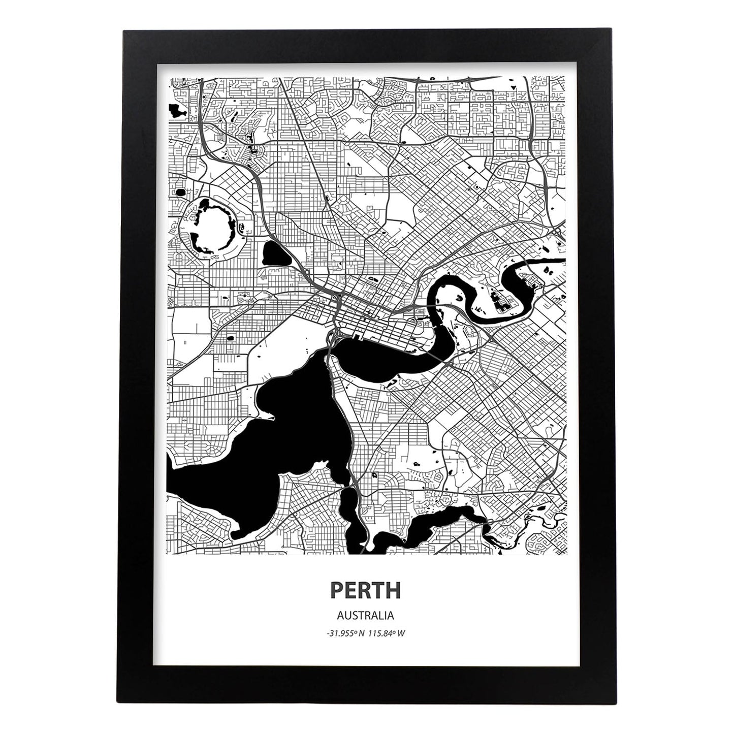 Poster con mapa de Perth - Australia. Láminas de ciudades de Australia con mares y ríos en color negro.-Artwork-Nacnic-A3-Marco Negro-Nacnic Estudio SL