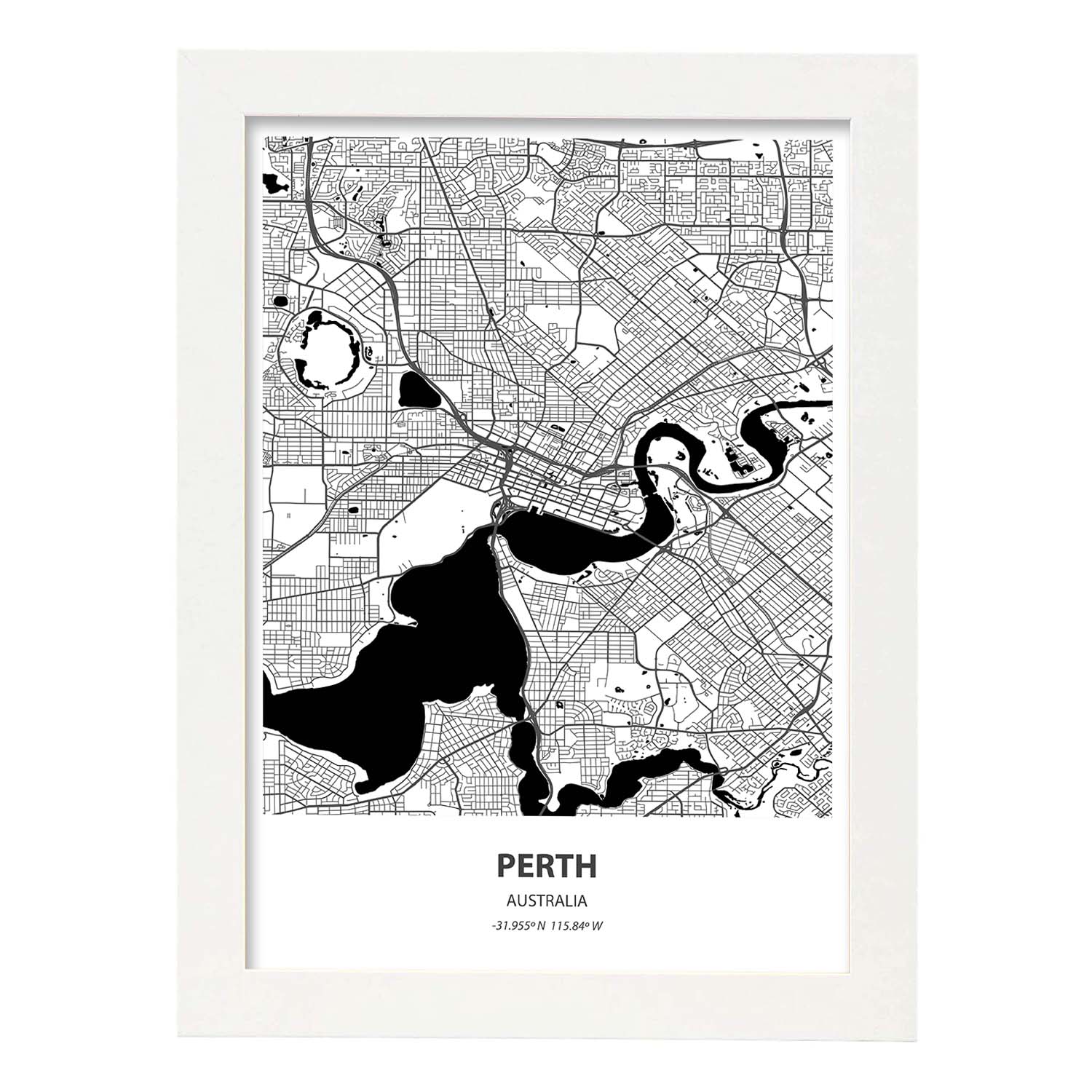 Poster con mapa de Perth - Australia. Láminas de ciudades de Australia con mares y ríos en color negro.-Artwork-Nacnic-A4-Marco Blanco-Nacnic Estudio SL