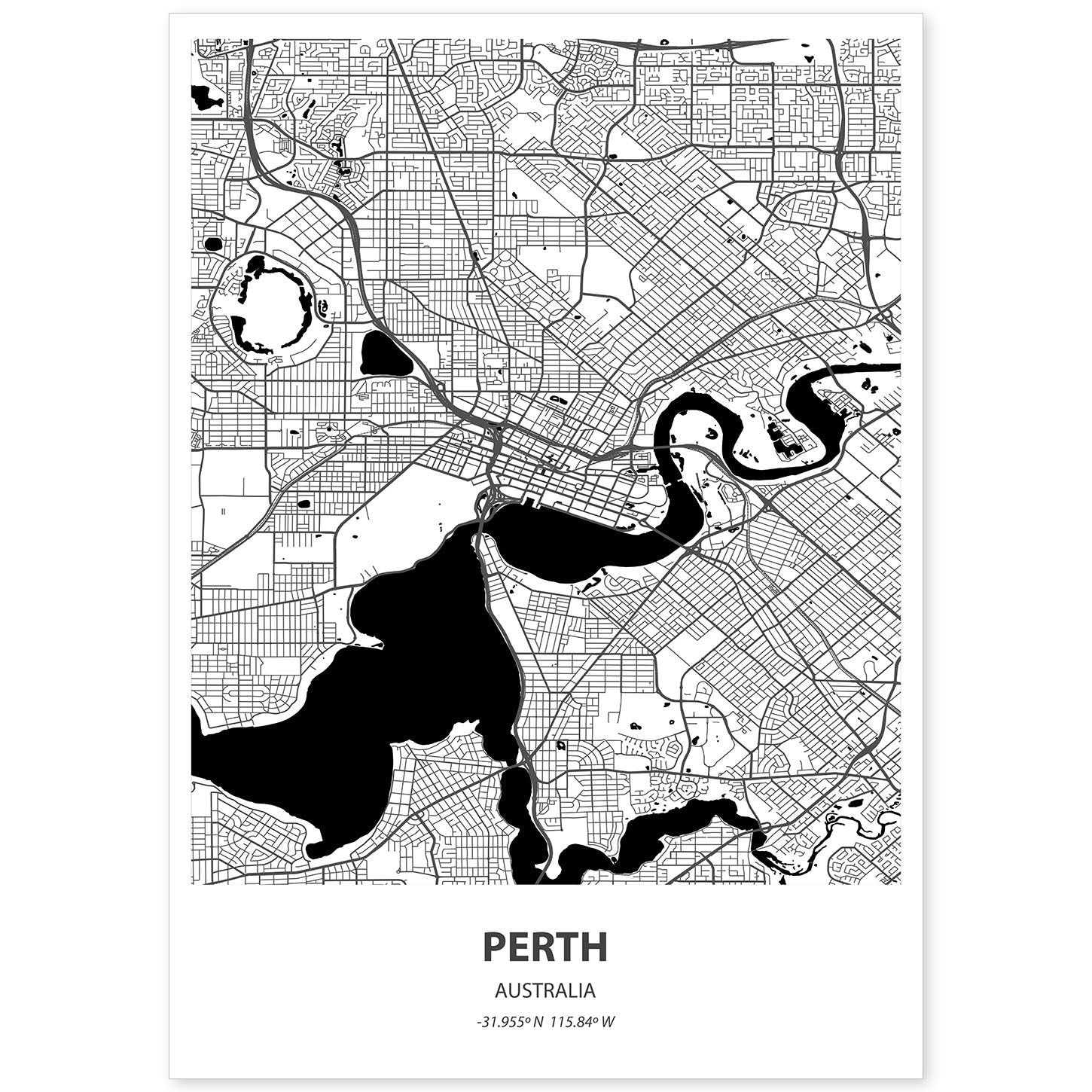 Poster con mapa de Perth - Australia. Láminas de ciudades de Australia con mares y ríos en color negro.-Artwork-Nacnic-A4-Sin marco-Nacnic Estudio SL